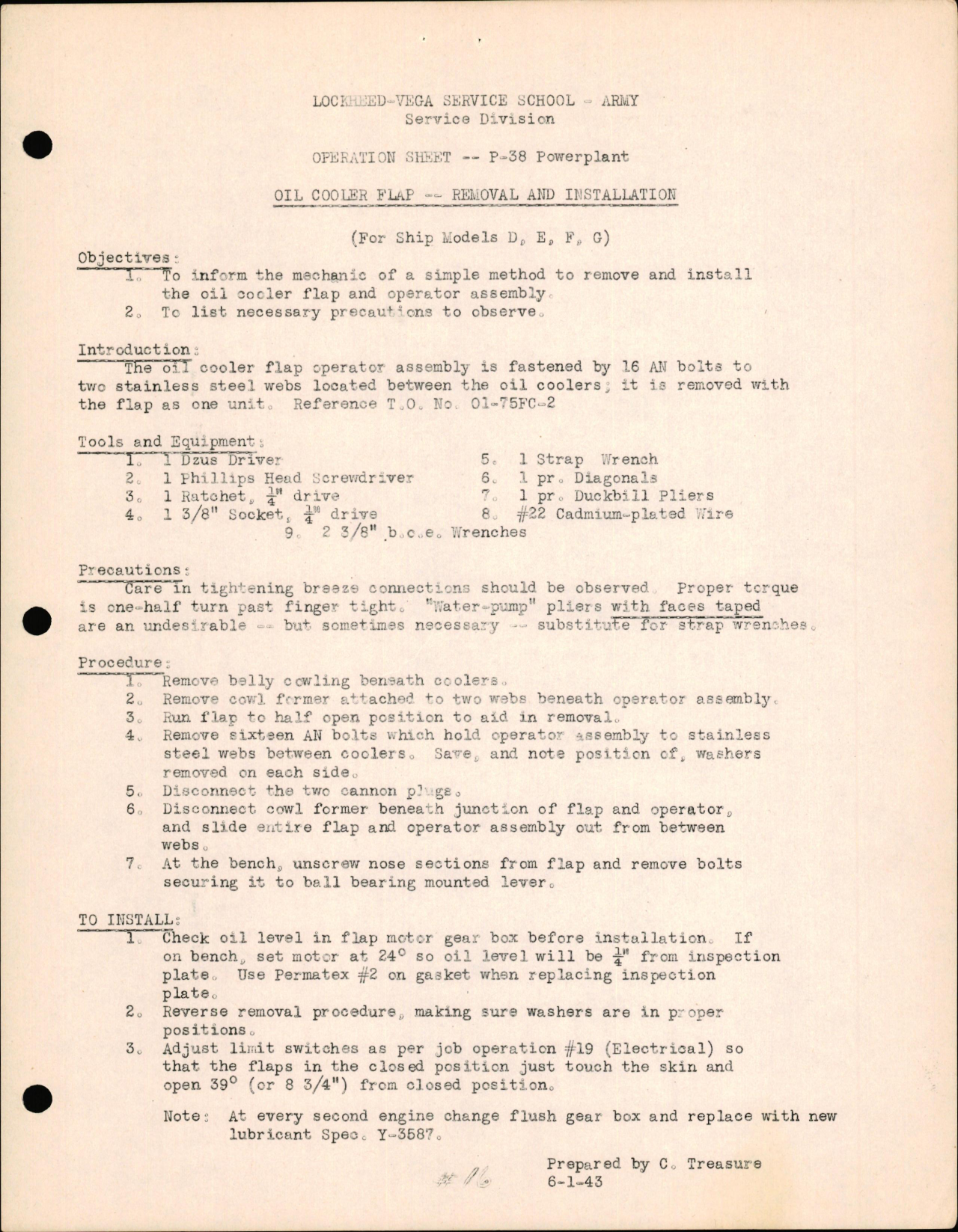 Sample page 1 from AirCorps Library document: P-38 Powerplant - Oil Cooler Flap - Removal & Installation
