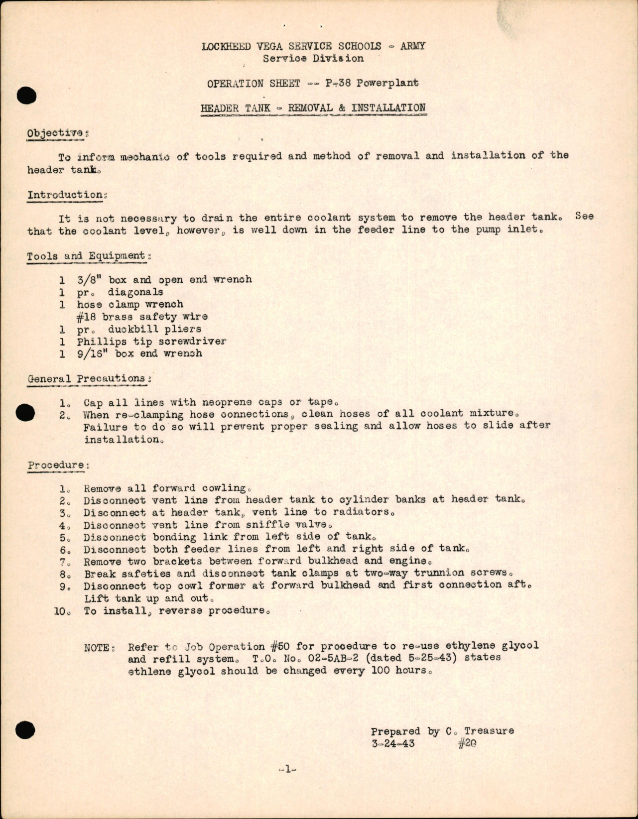 Sample page 1 from AirCorps Library document: P-38 Powerplant - Header Tank - Removal & Installation