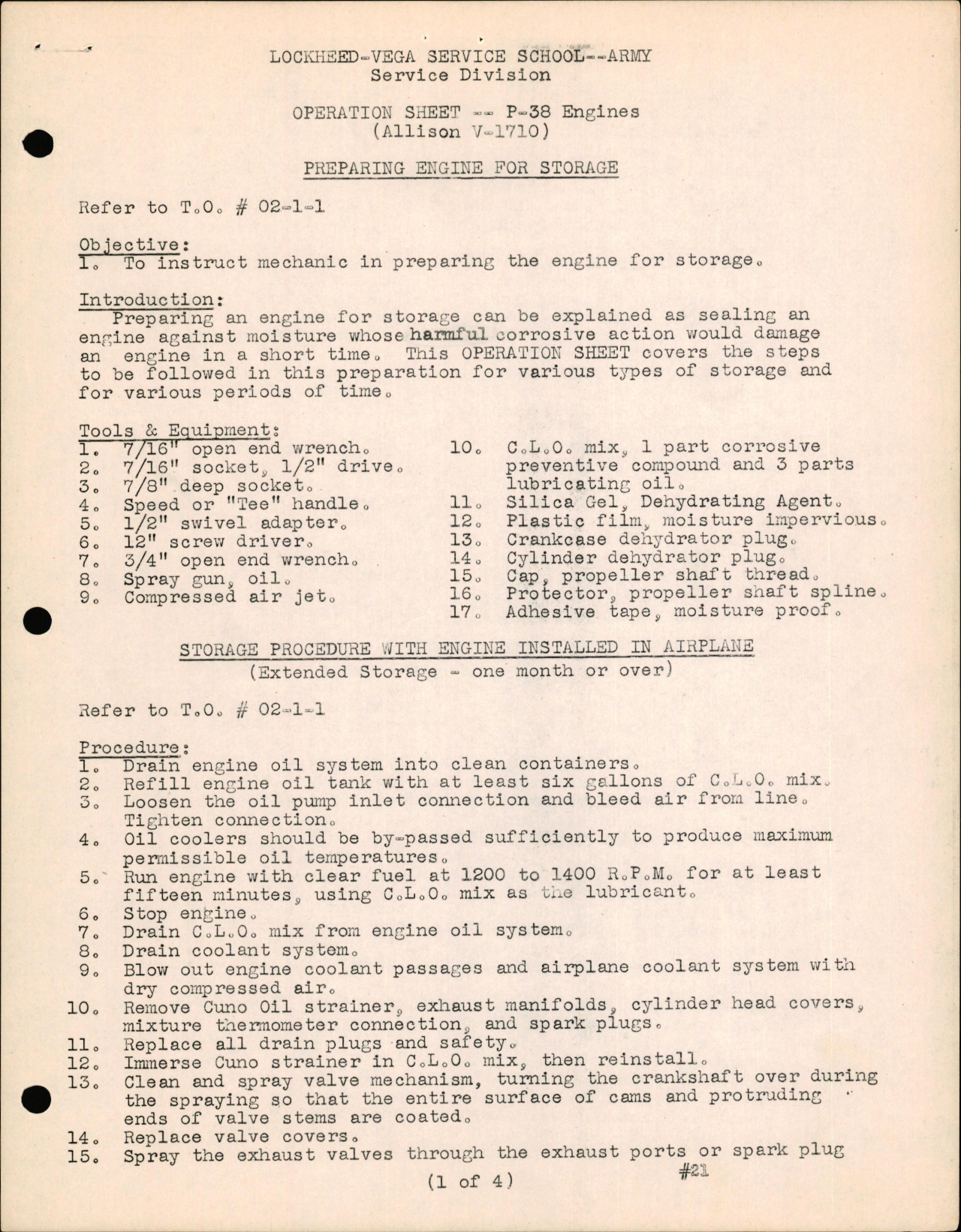 Sample page 1 from AirCorps Library document: P-38 Engines (Allison V-1710) - Preparing Engine for Storage