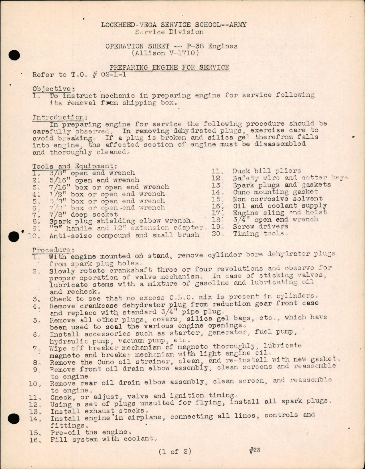 Sample page 1 from AirCorps Library document: P-38 Engines (Allison V-1710) - Preparing Engine For Service