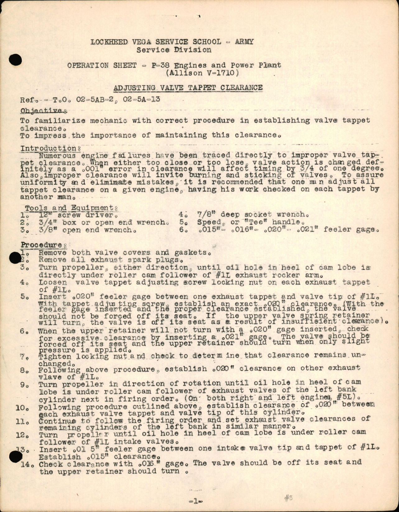 Sample page 1 from AirCorps Library document: P-38 Engines & Powerplant (Allison V-1710) - Adjusting Valve Tappet Clearance