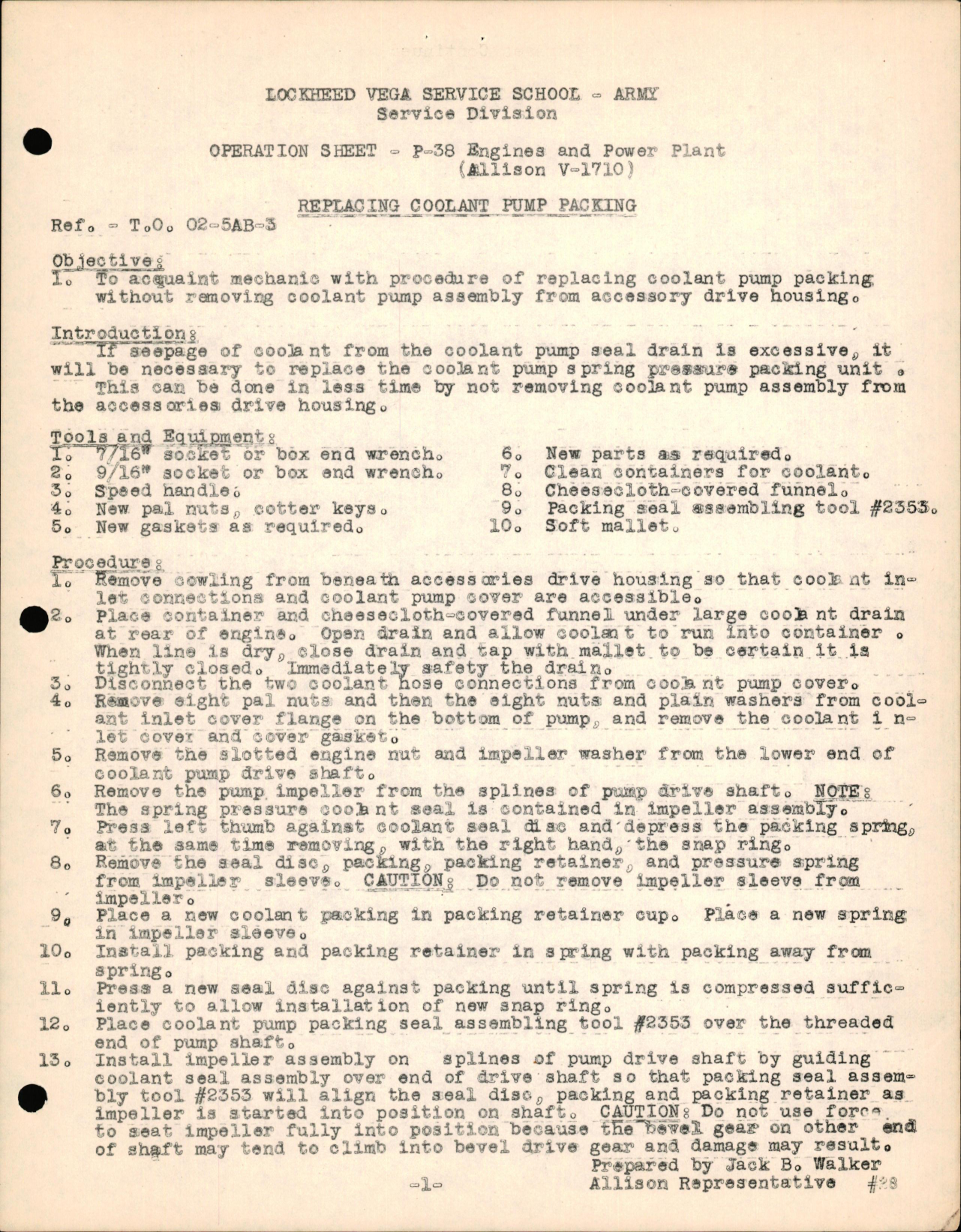 Sample page 1 from AirCorps Library document: P-38 Engine & Powerplant (Allison V-1710) - Replacing Coolant Pump Packing, 