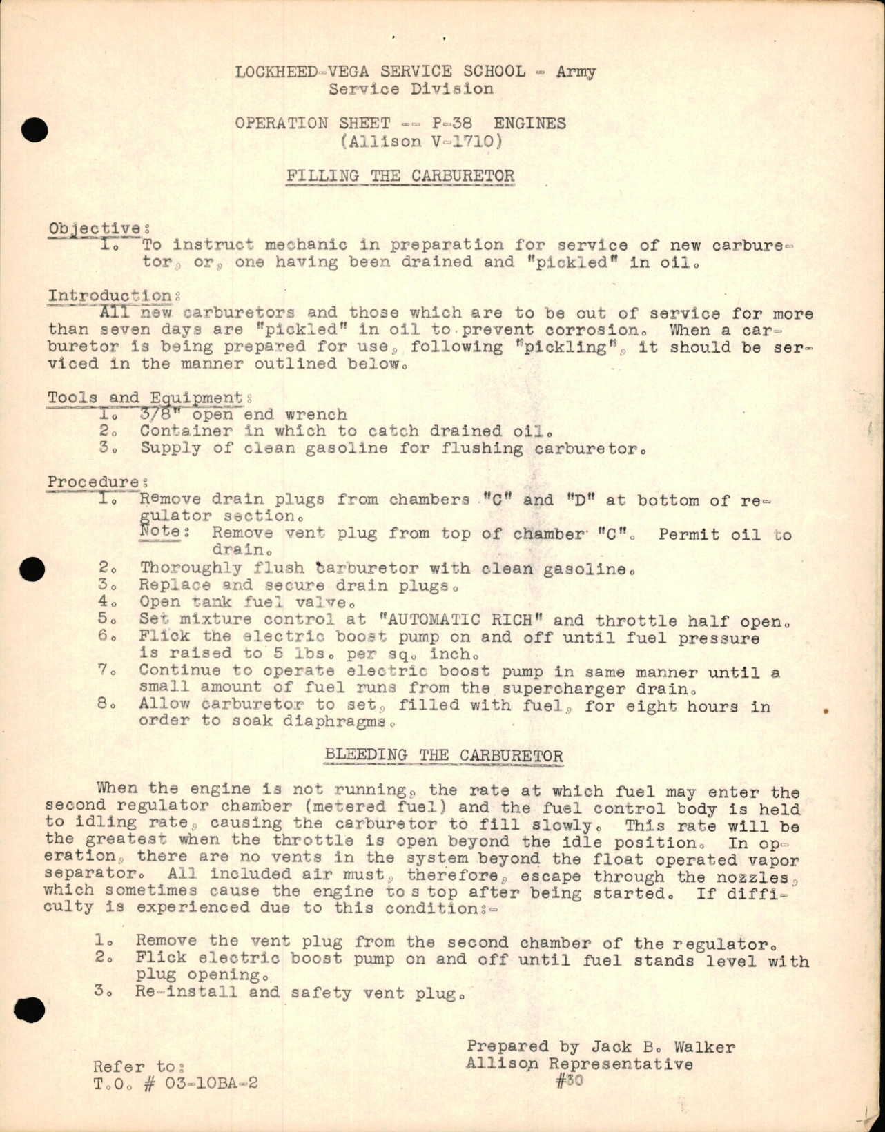 Sample page 1 from AirCorps Library document: P-38 Engines (Allison V-1710) - Filling the Carburetor