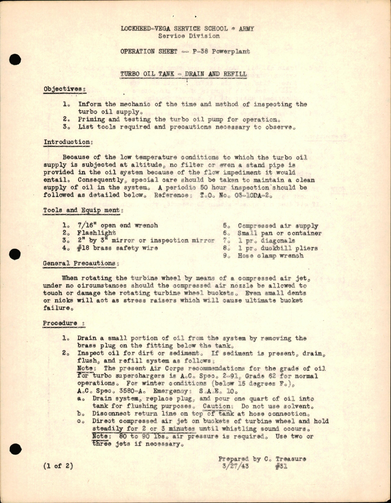 Sample page 1 from AirCorps Library document: P-38 Powerplant - Turbo Oil Tank - Drain & Refil
