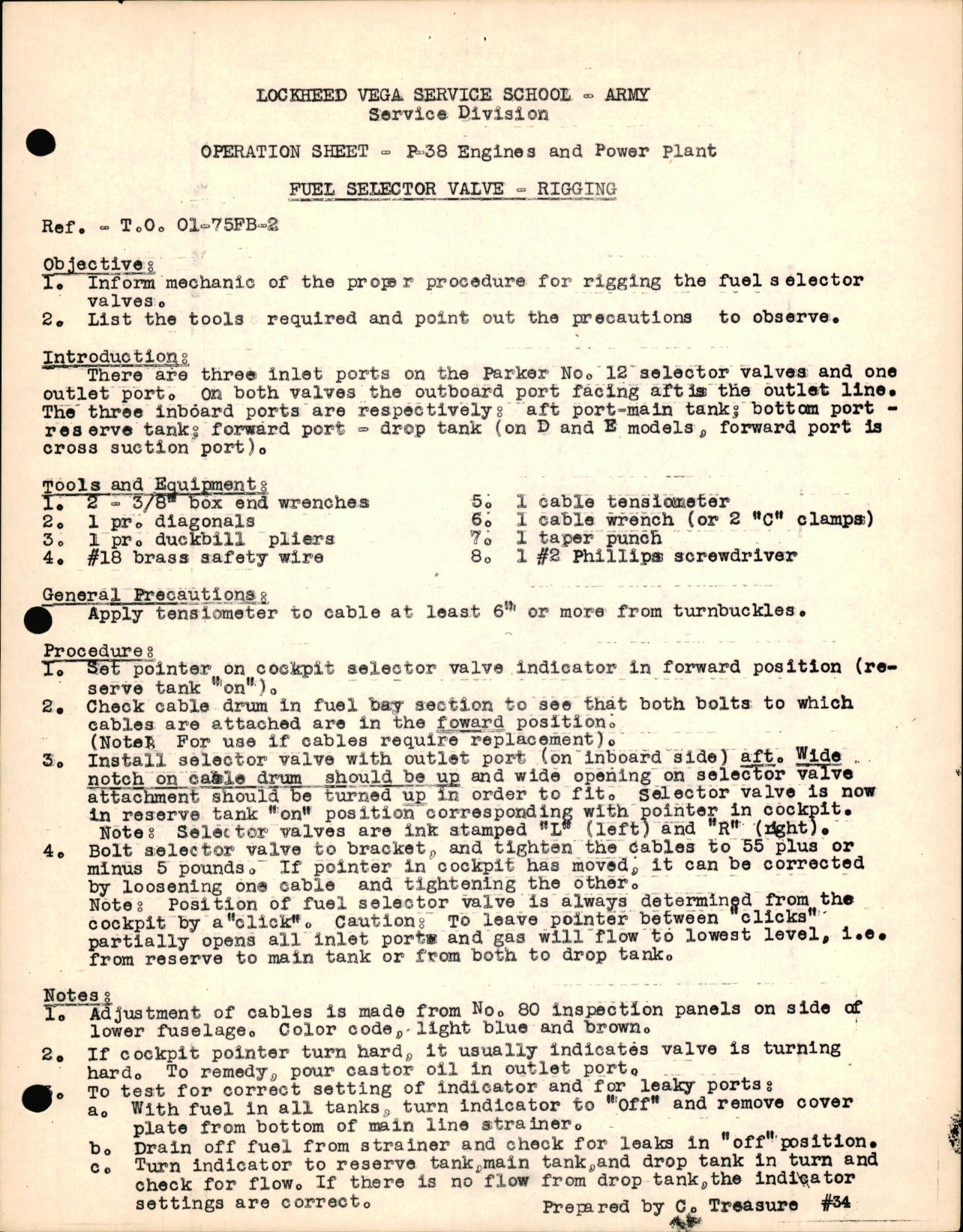 Sample page 1 from AirCorps Library document: P-38 Engines & Powerplant - Fuel Selector Valve - Rigging, 