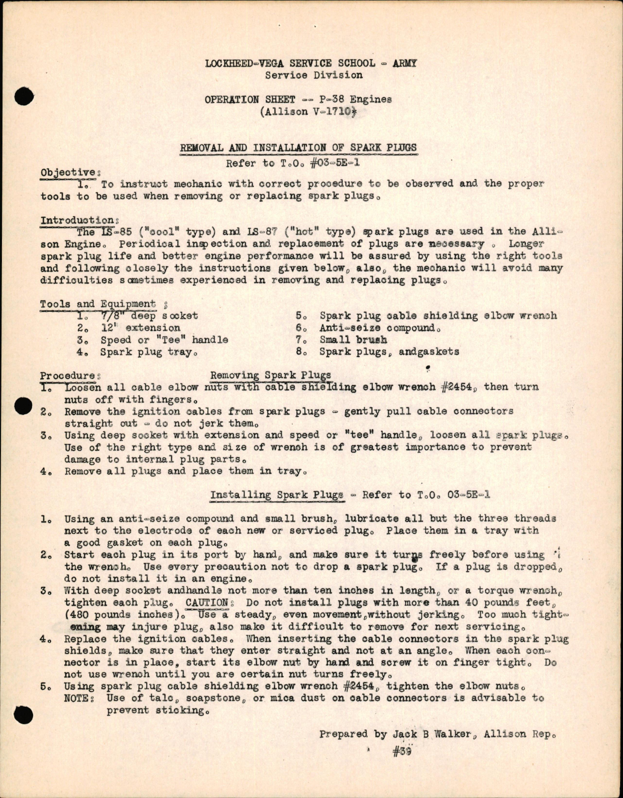 Sample page 1 from AirCorps Library document: P-38 Engines (Allsion V-1710) - Removal & Installation of Spark Plugs