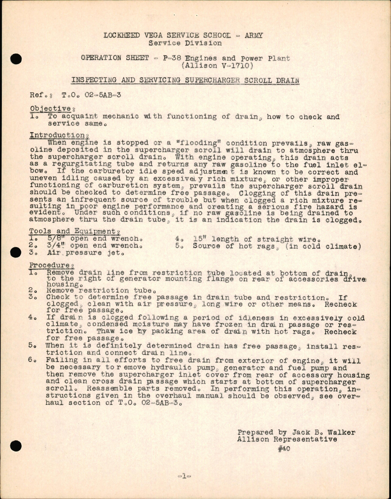 Sample page 1 from AirCorps Library document: P-38 Engines & Powerplant (Allison V-1710) - Inspecting & Servicing Supercharger Scroll Drain