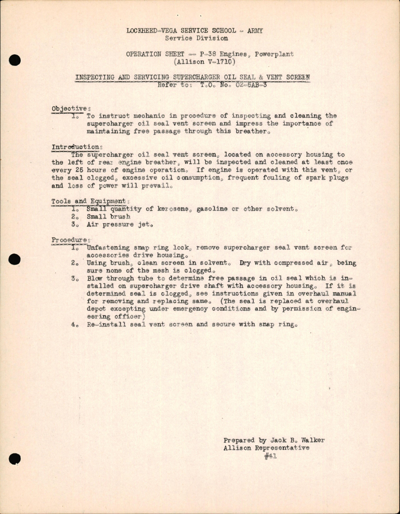 Sample page 1 from AirCorps Library document: P-38 Engines & Powerplant (Allison V-1710) - Inspecting & Servicing Supercharger Oil Seal & Vent Screen