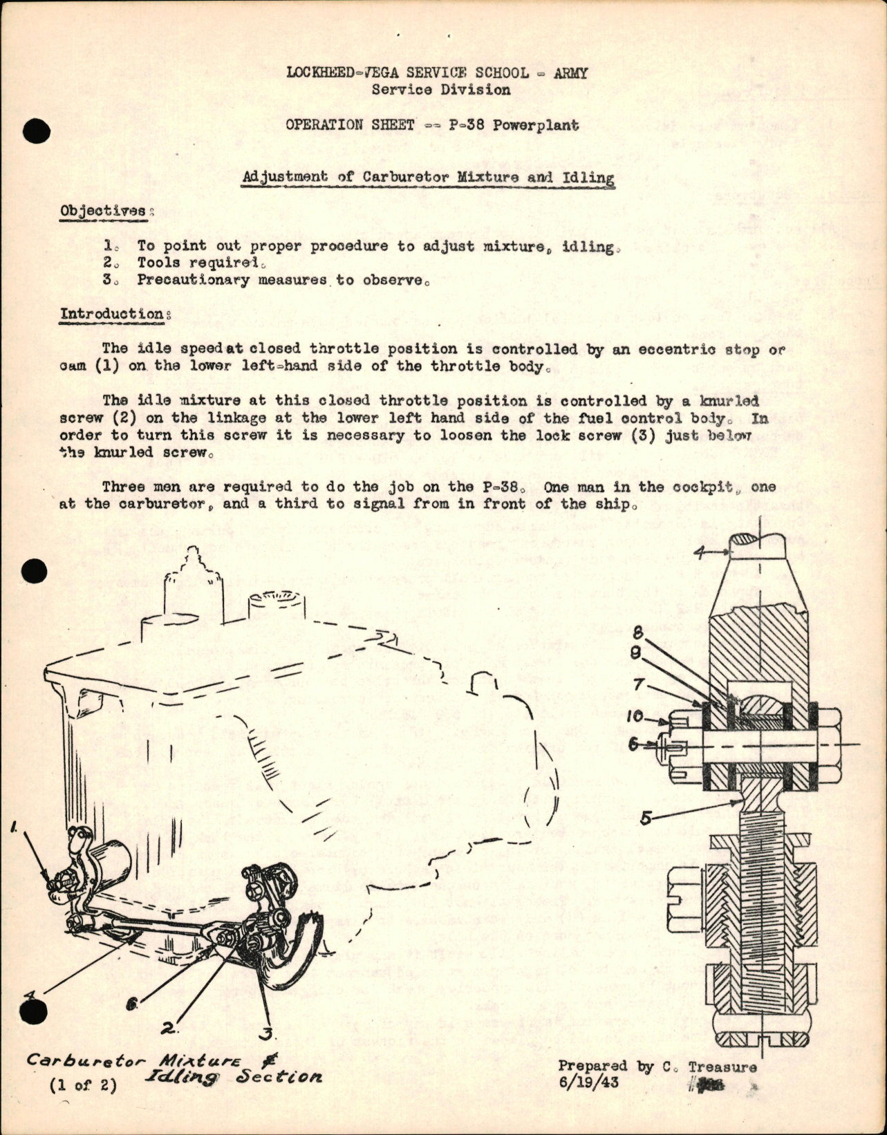 Sample page 1 from AirCorps Library document: P-38 Powerplant - Adjustment of Carburetor Mixture & Idling