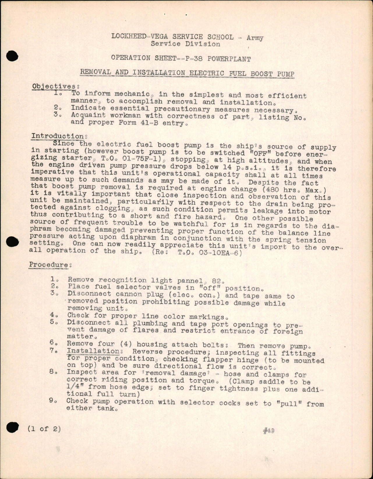 Sample page 1 from AirCorps Library document:  P-38 Powerplant - Removal & Installation Electric Fuel Boost Pump