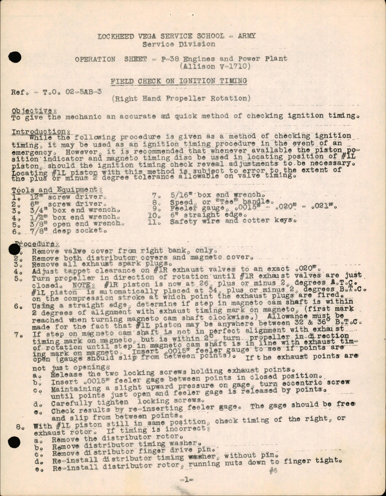 Sample page 1 from AirCorps Library document: P-38 Engines & Powerplant (Allison V-1710) - Field Check on Ignition Timing