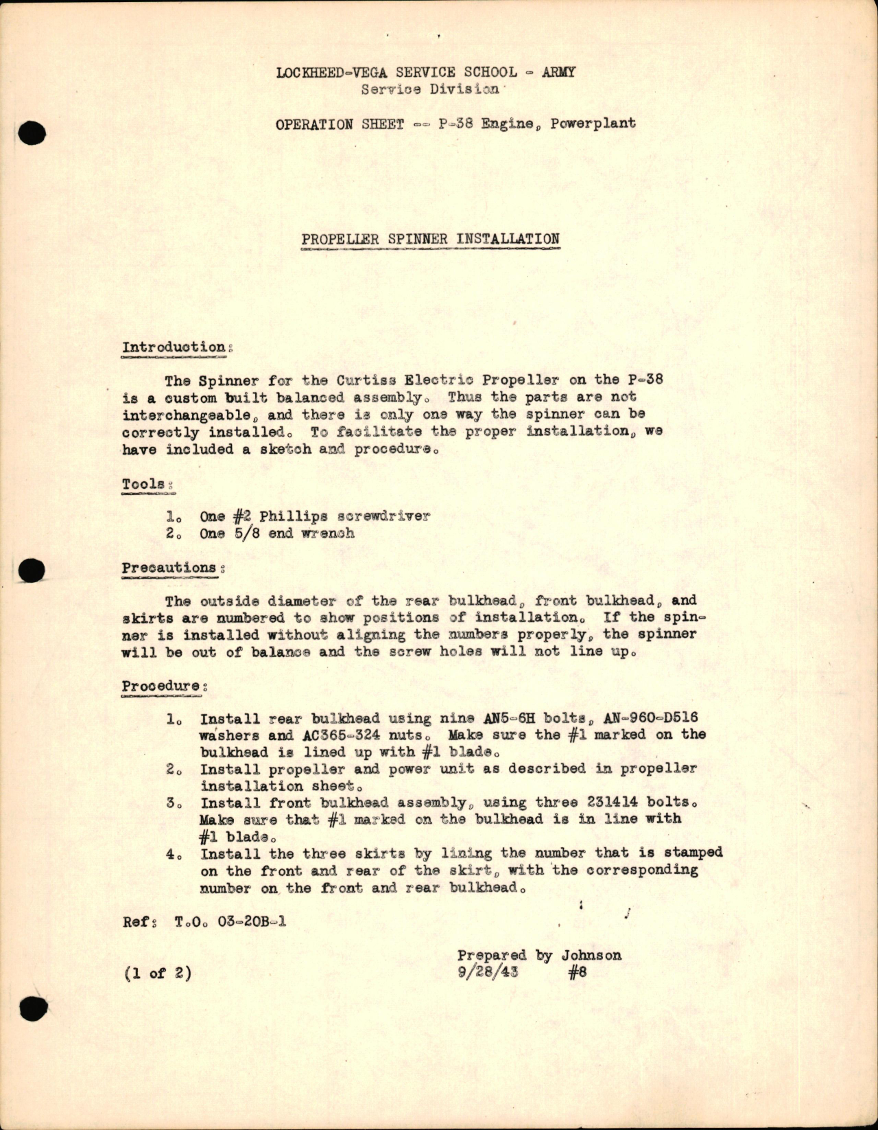 Sample page 1 from AirCorps Library document: P-38 Engines & Powerplant- Propeller Spinner Installation