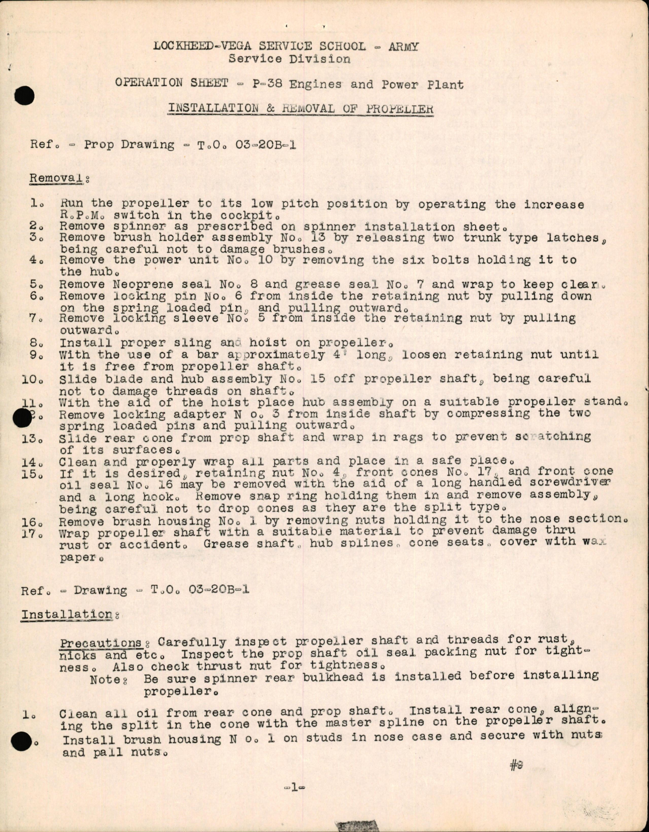 Sample page 1 from AirCorps Library document: P-38 Engines & Powerplant - Installation & Removal of Propeller