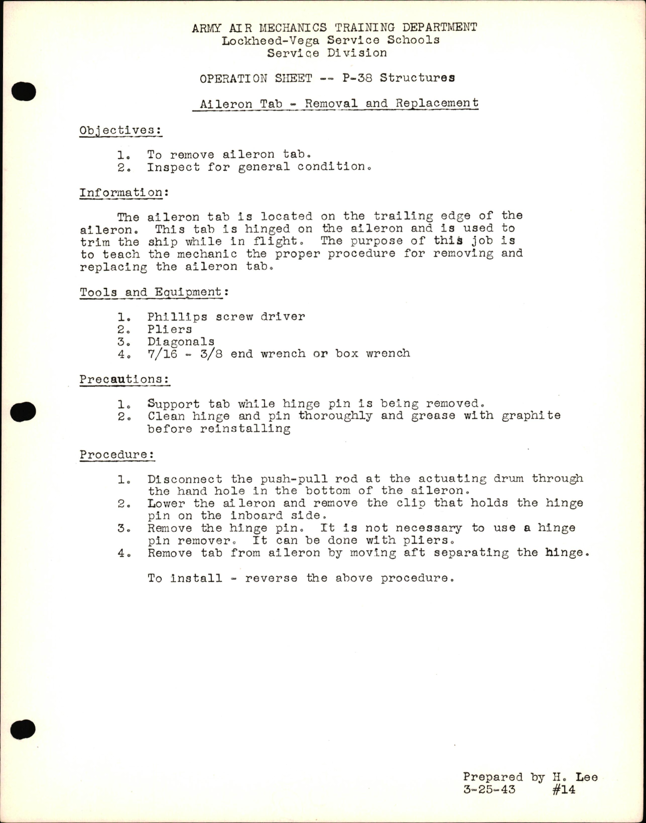 Sample page 1 from AirCorps Library document: Operation Sheet No. 14, P-38 Structures - Aileron Tab - Removal & Replacement