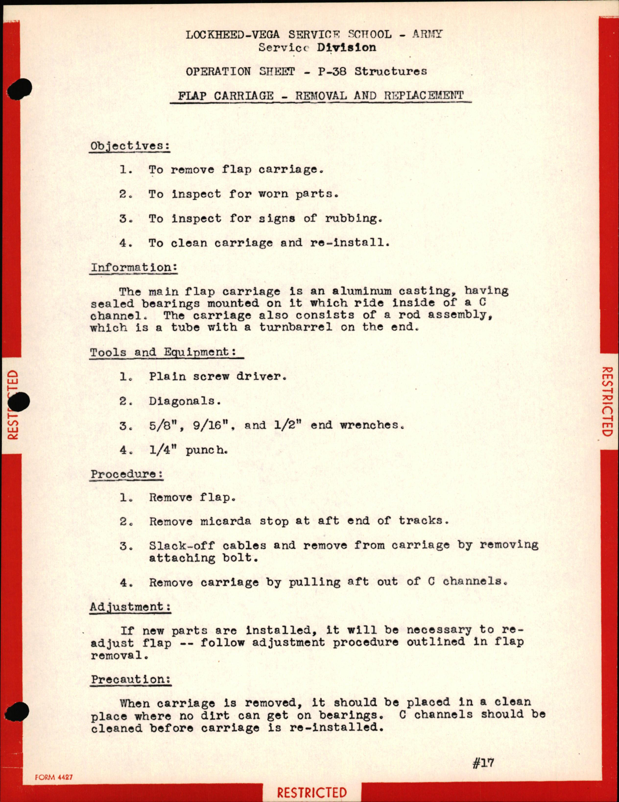 Sample page 1 from AirCorps Library document: P-38 Structures - Flap Carriage - Removal & Replacement