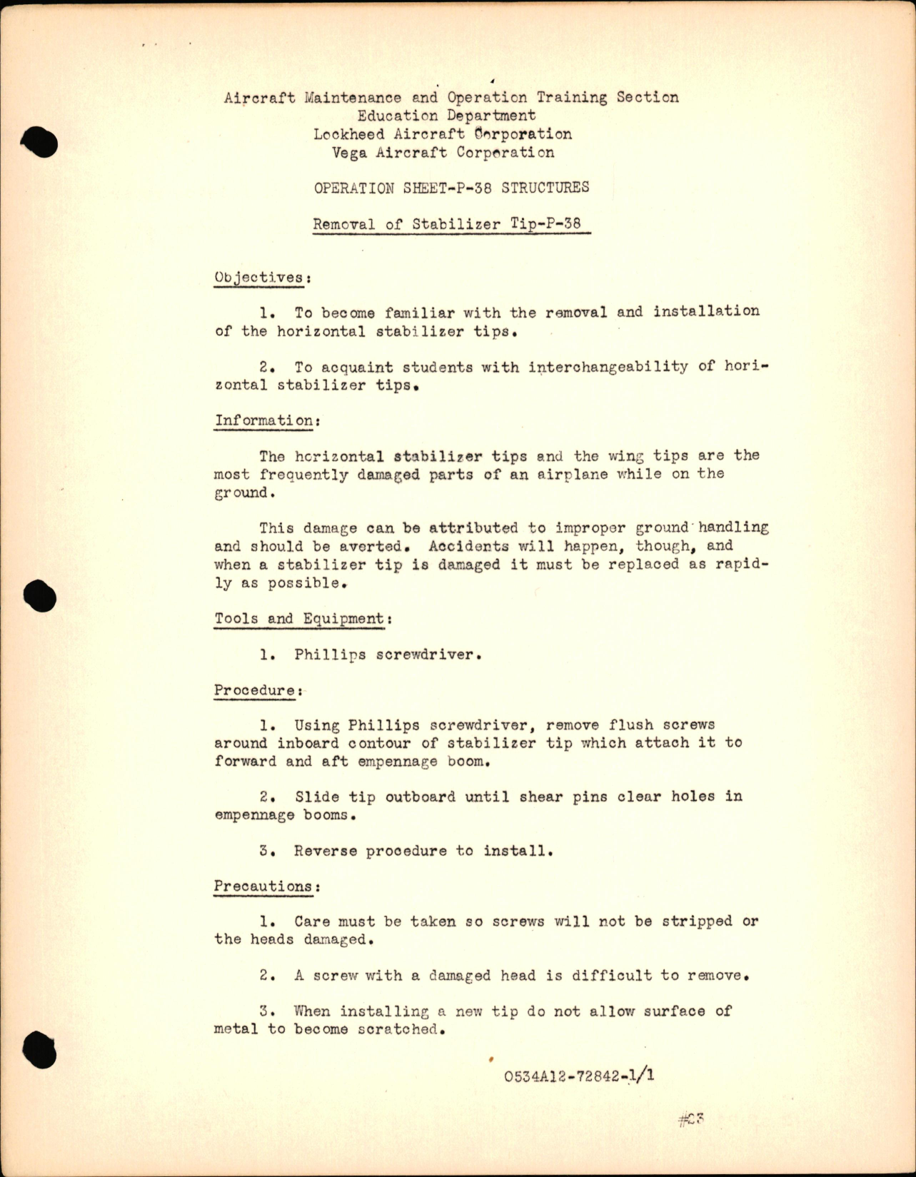 Sample page 1 from AirCorps Library document: P-38 Structures - Removal of Stabilizer Tip for P-38
