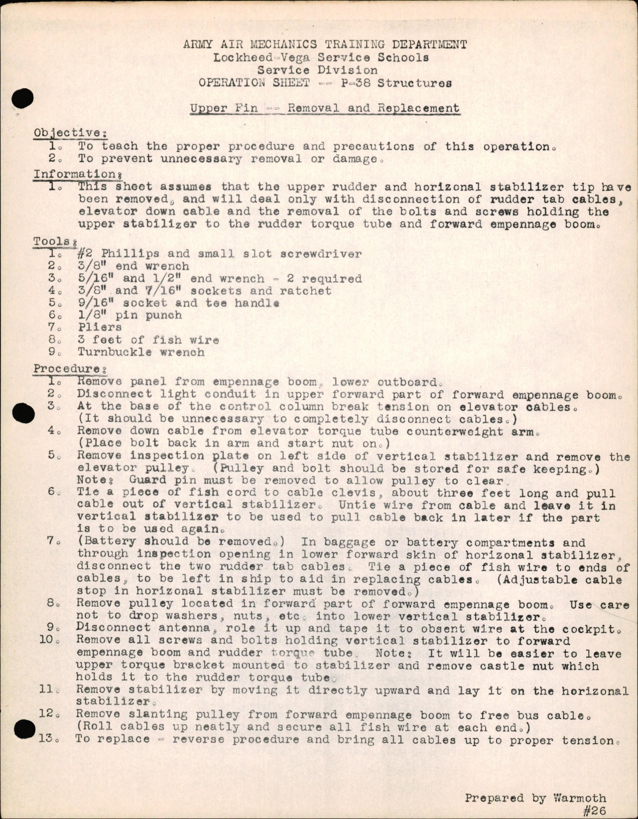 Sample page 1 from AirCorps Library document:  P-38 Structures - Upper Fin - Removal & Replacement