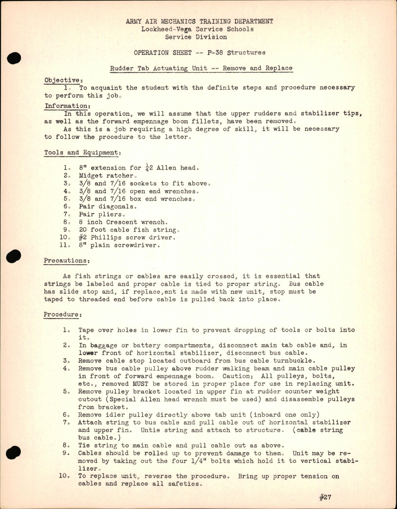 Sample page 1 from AirCorps Library document: P-38 Structures - Rudder Tab Actuating Unit - Remove & Replace