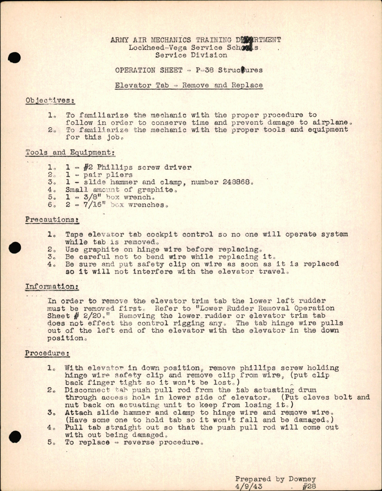 Sample page 1 from AirCorps Library document: P-38 Structures - Elevator Tab - Remove & Replace