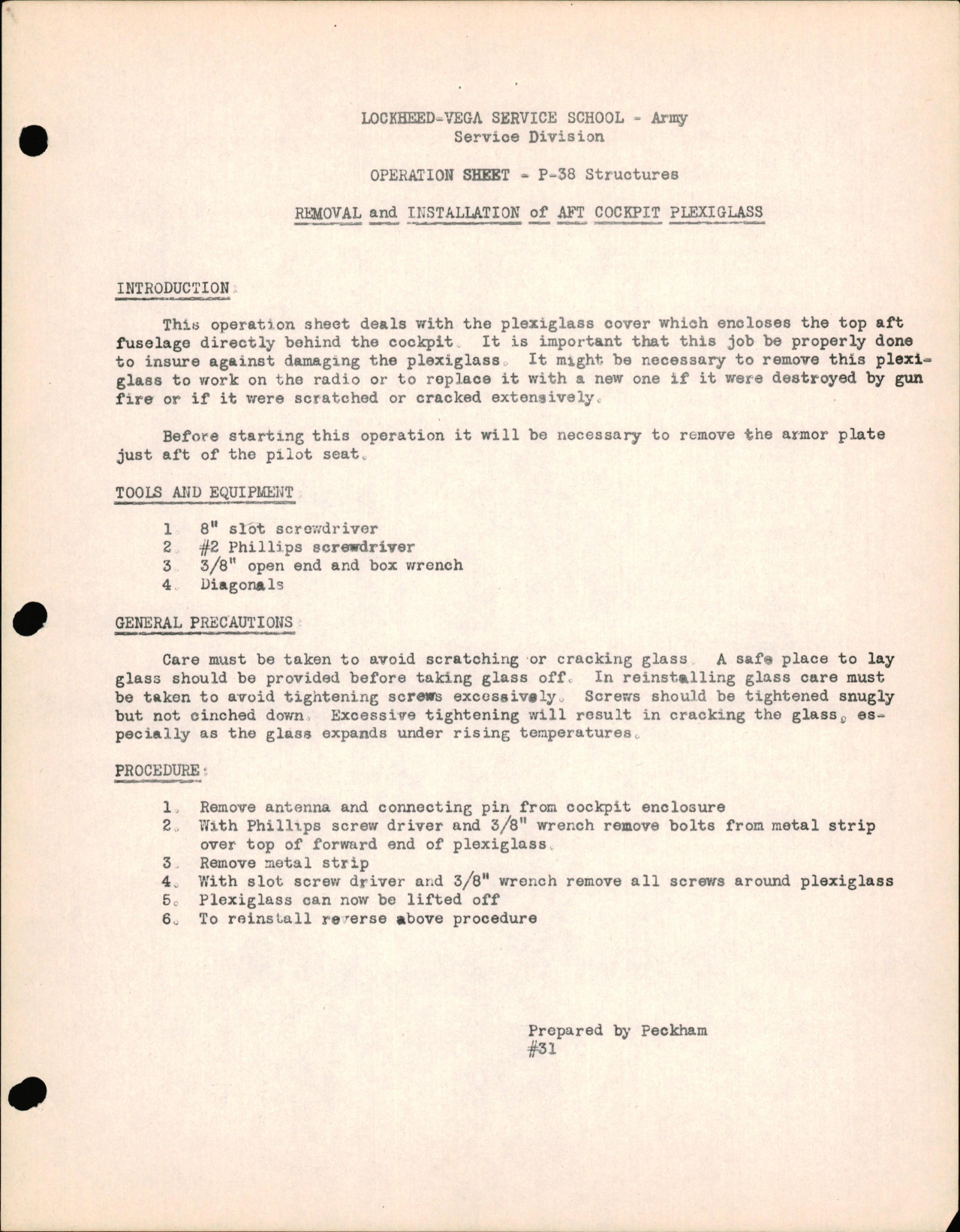 Sample page 1 from AirCorps Library document: P-38 Structures - Removal & Installation of Aft Cockpit Plexiglas