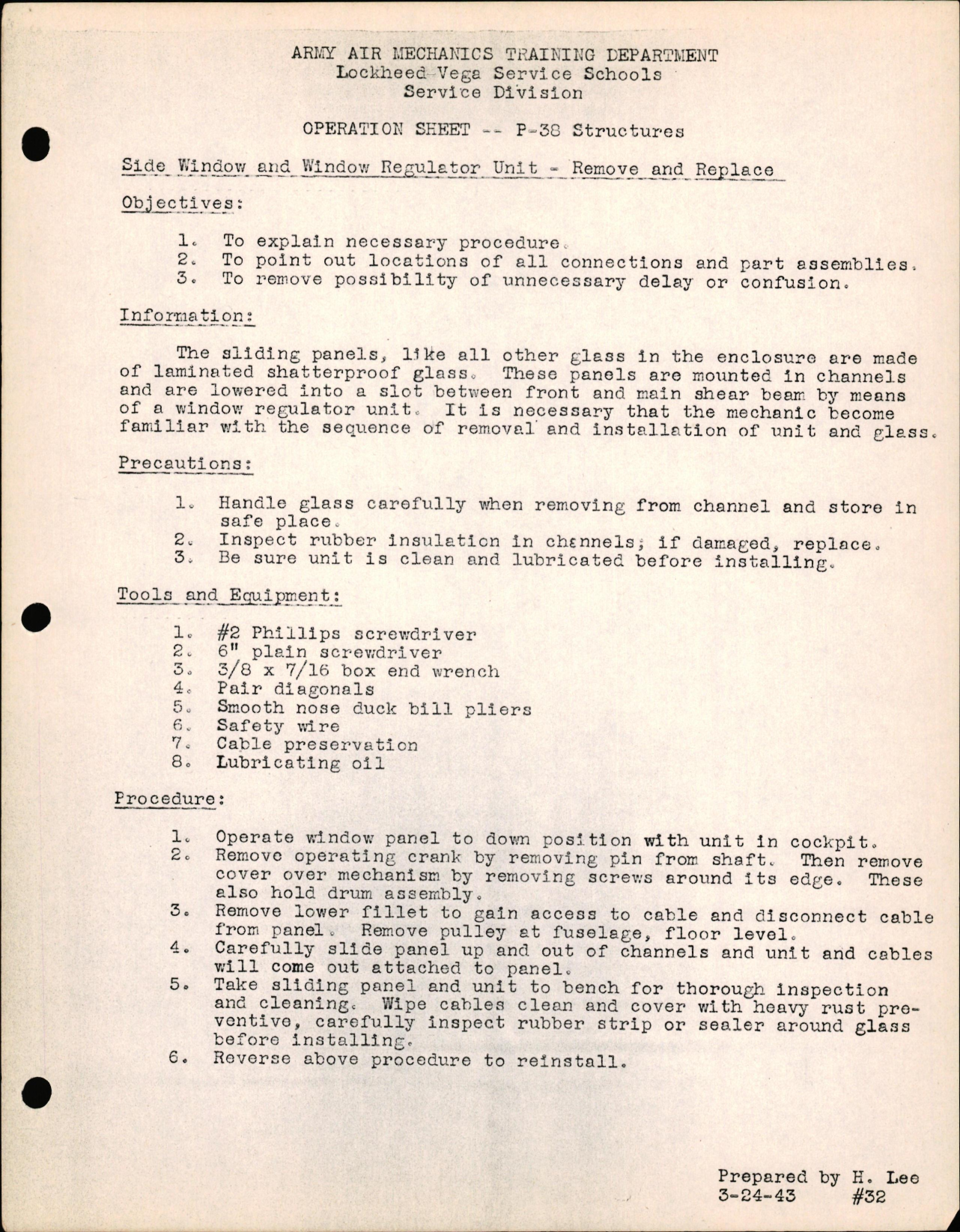 Sample page 1 from AirCorps Library document: P-38 Structures - Side Window & Window Regulator Unit - Remove & Replace