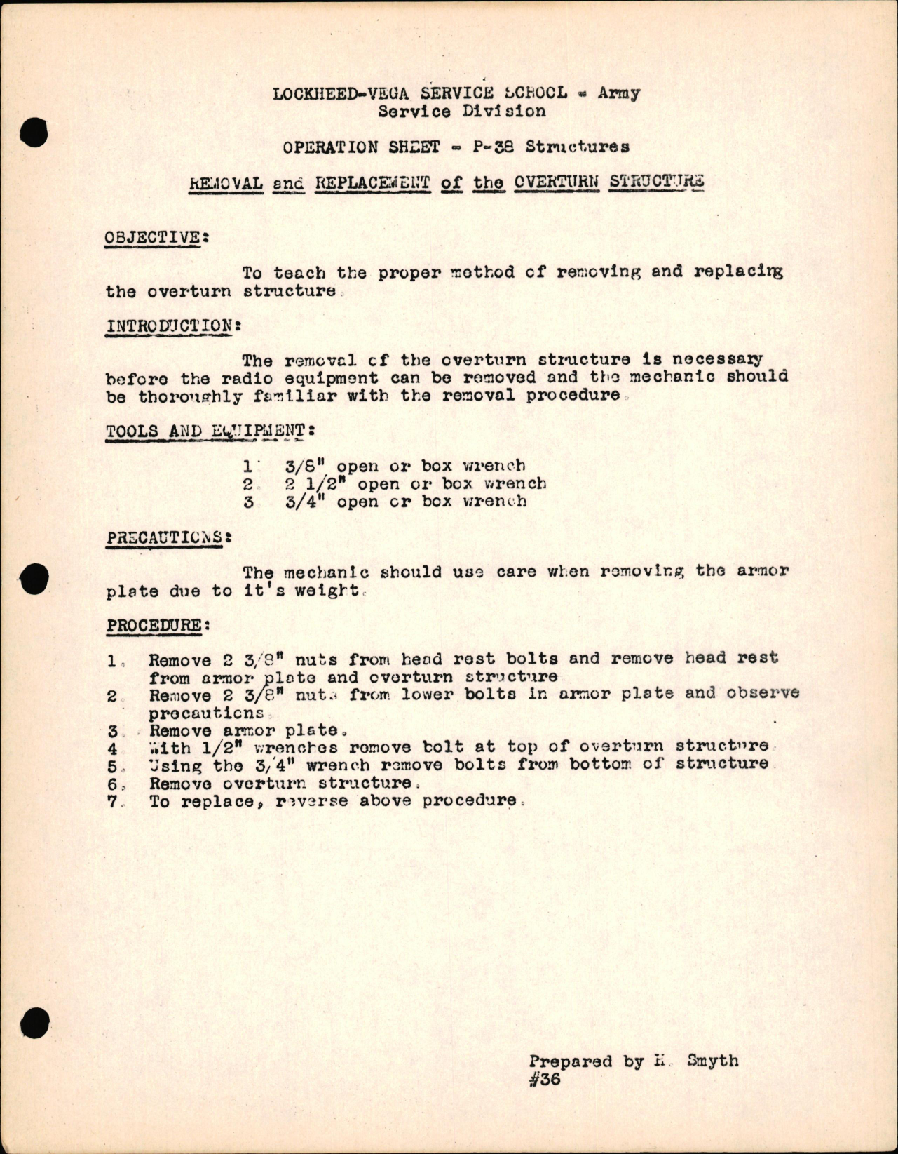 Sample page 1 from AirCorps Library document:  P-38 Structures - Removal & Replacement of the Overturn Structure