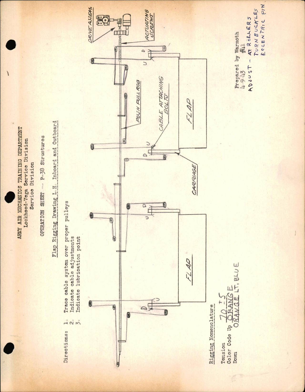 Sample page 1 from AirCorps Library document: P-38 Structures - Flap Rigging Drawing LH Inboard & Outboard, 9-Apr-1943