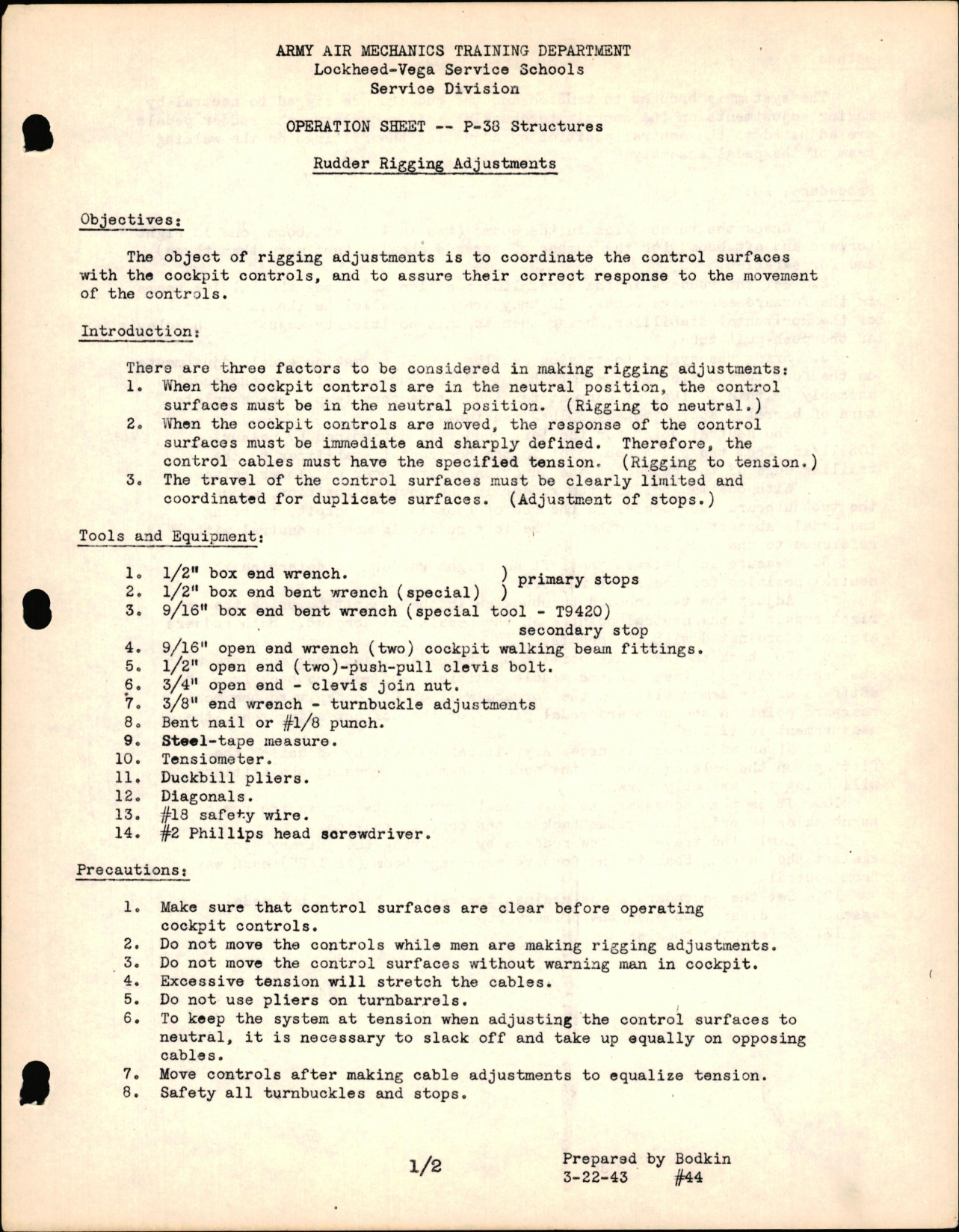 Sample page 1 from AirCorps Library document: P-38 Structures - Rudder Rigging Adjustments