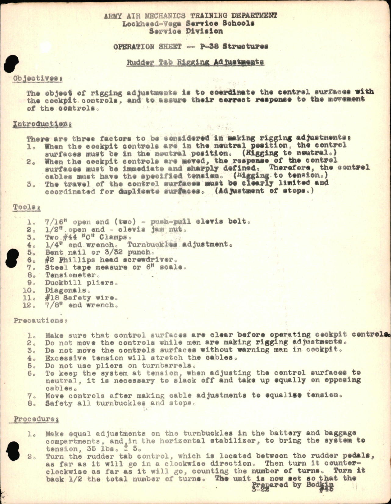 Sample page 1 from AirCorps Library document: P-38 Structures - Rudder Tab Rigging Adjustments