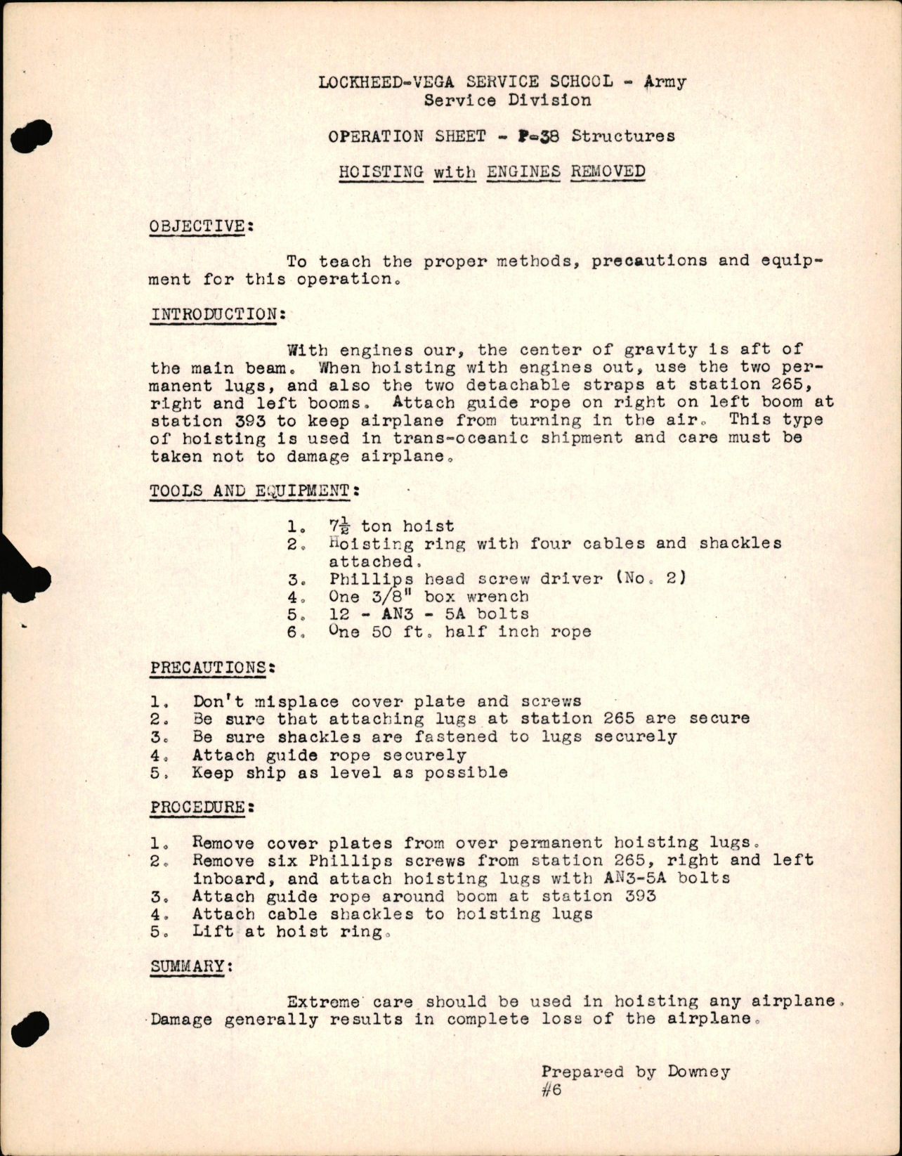 Sample page 1 from AirCorps Library document: P-38 Structures - Hoisting with Engines Removed