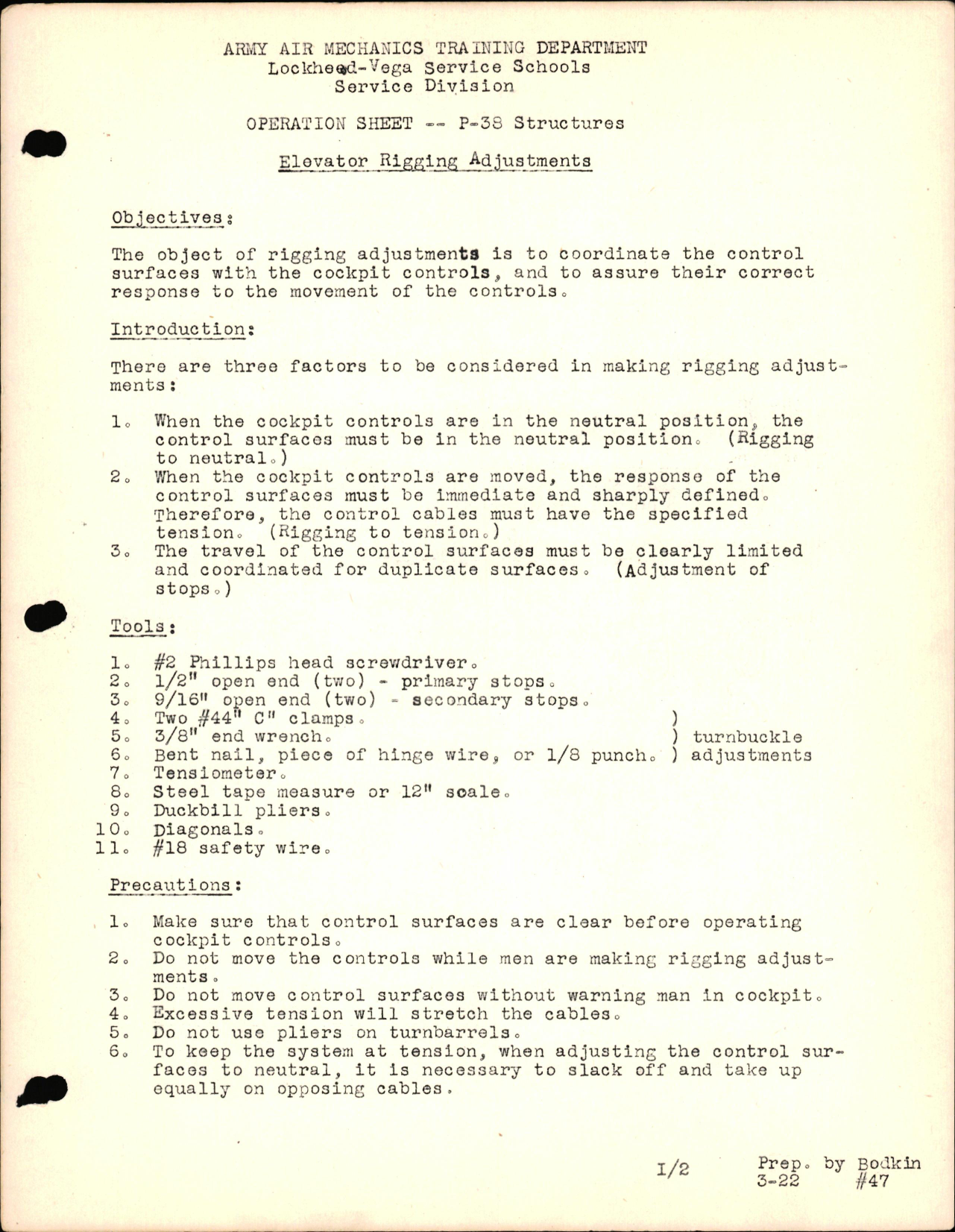 Sample page 1 from AirCorps Library document:  P-38 Structures - Elevator Rigging Adjustments