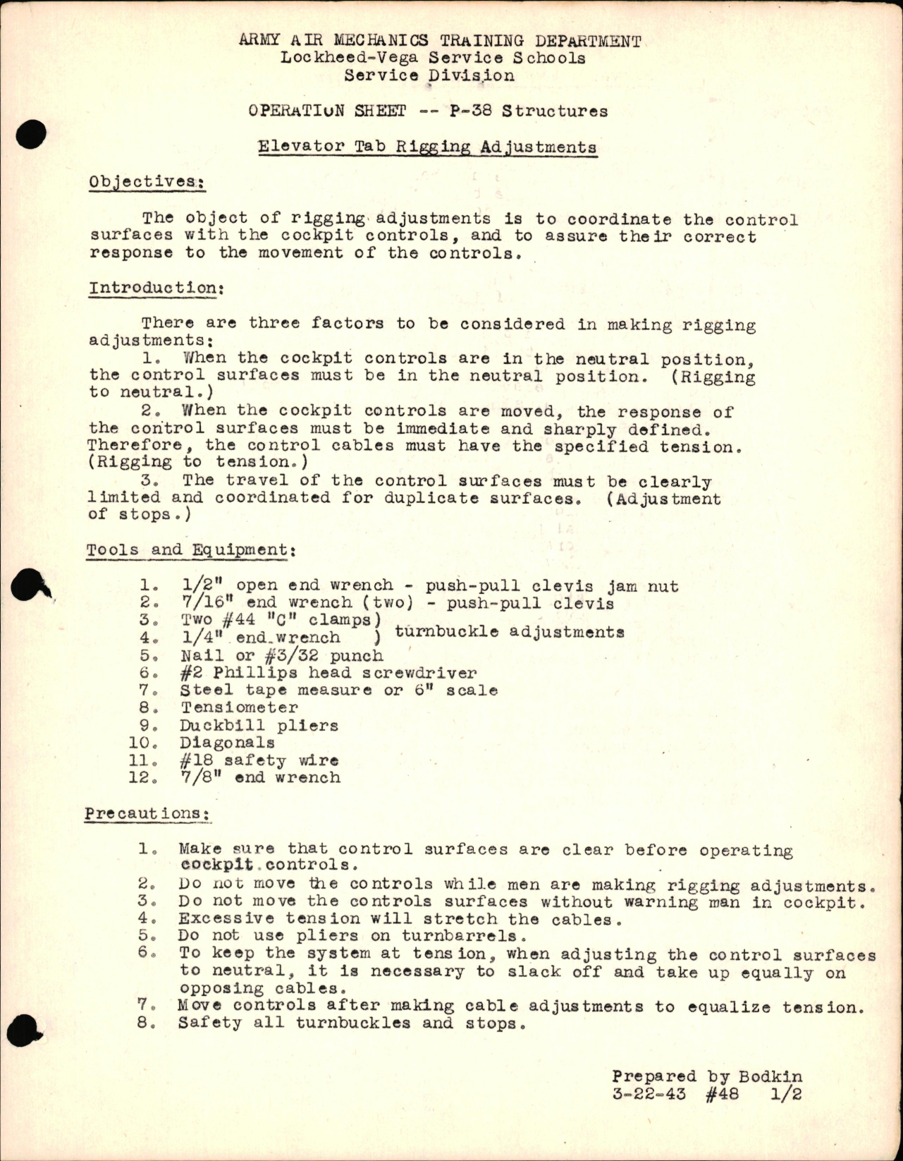 Sample page 1 from AirCorps Library document: P-38 Structures - Elevator Tab Rigging Adjustments