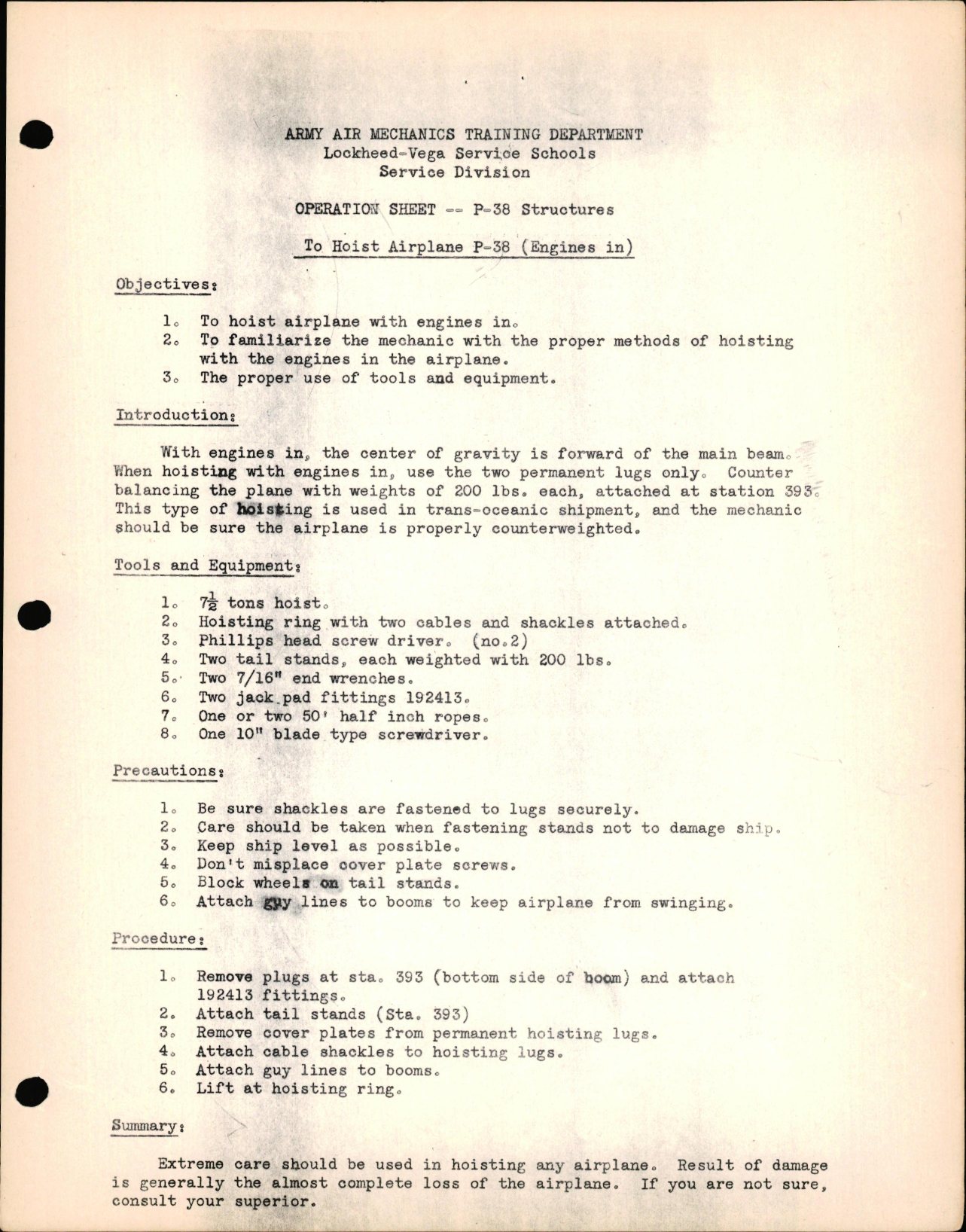 Sample page 1 from AirCorps Library document: P-38 Structures - To Hoist Airplane P-38 (Engines In)