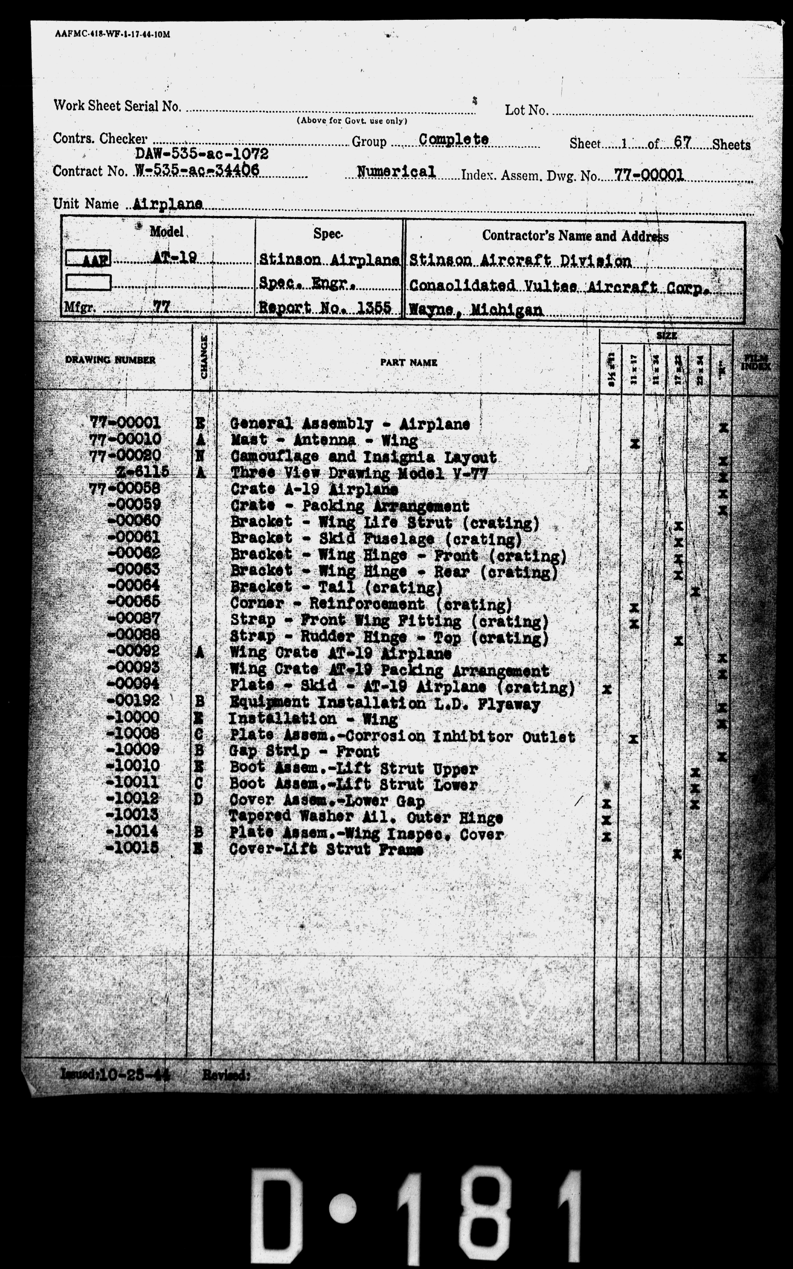 Sample page 1 from AirCorps Library document: Numerical Drawing Index for AT-19