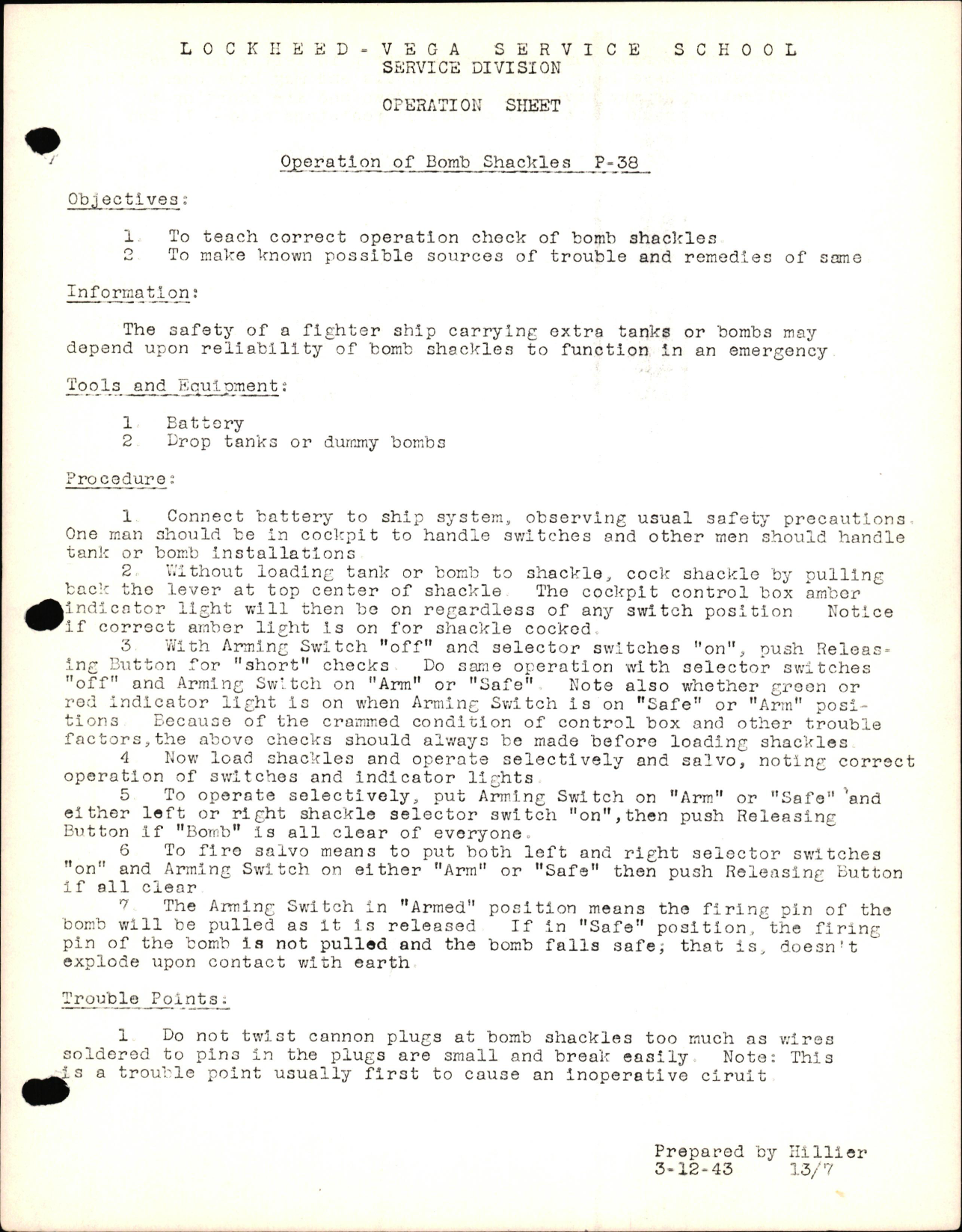 Sample page 1 from AirCorps Library document: Operation of Bomb Shackles P-38