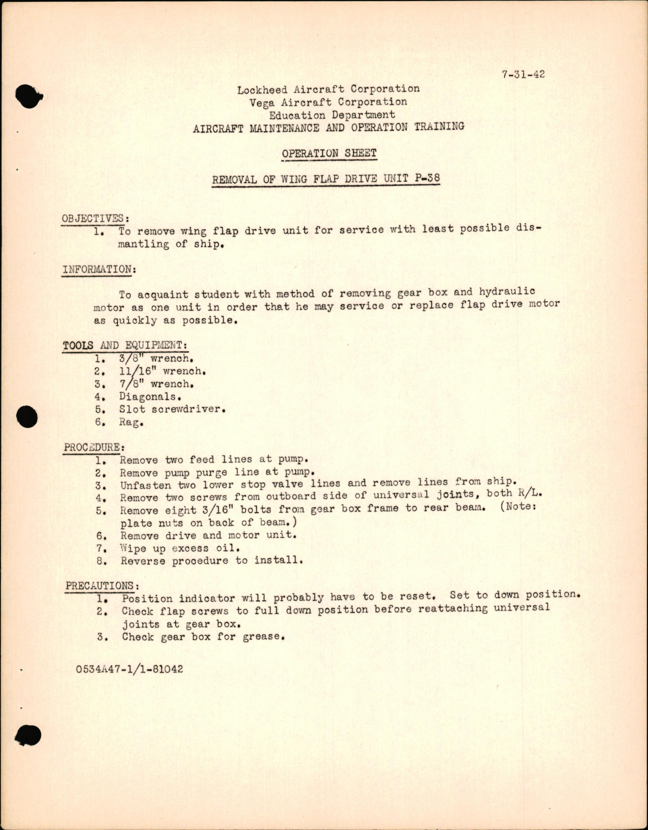 Sample page 1 from AirCorps Library document:  Removal of Wing Flap Drive Unit for P-38