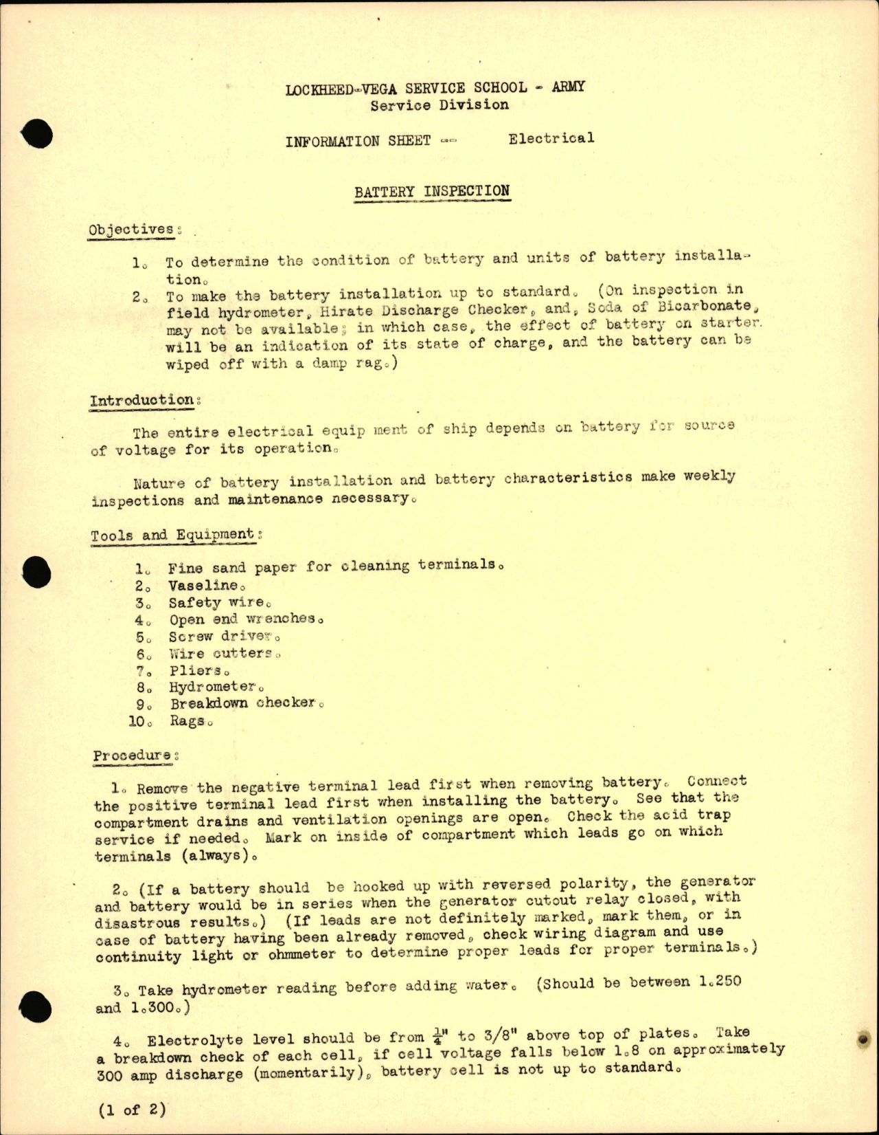 Sample page 1 from AirCorps Library document: P-38 Electrical - Battery Inspection