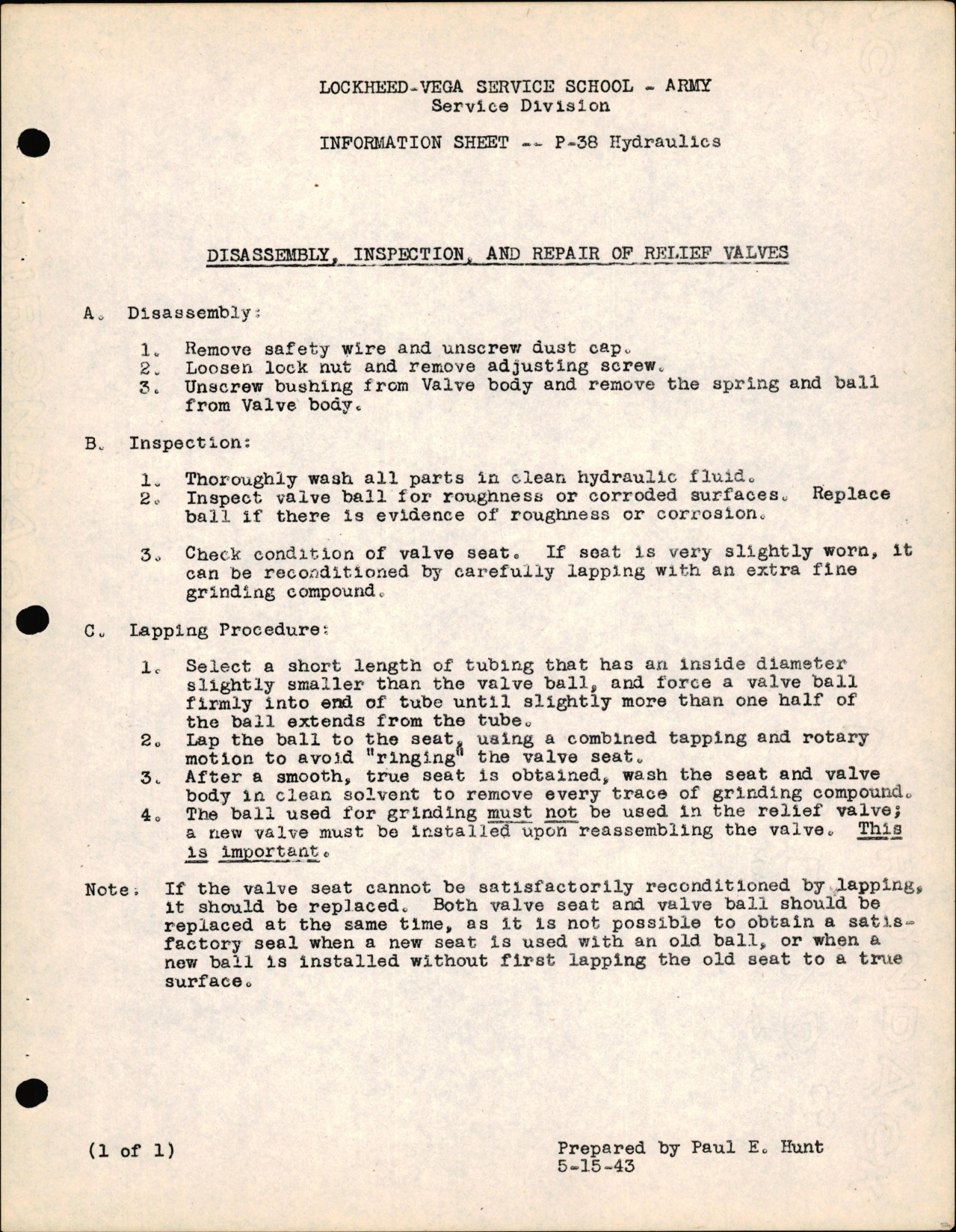 Sample page 1 from AirCorps Library document: P-38 Hydraulics - Disassembly, Inspection, & Repair of Relief Valves