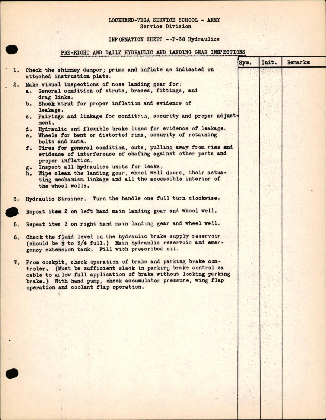 Sample page 1 from AirCorps Library document: P-38 Hydraulics - Pre-Flight & Daily Hydraulic & Landing Gear Inspections
