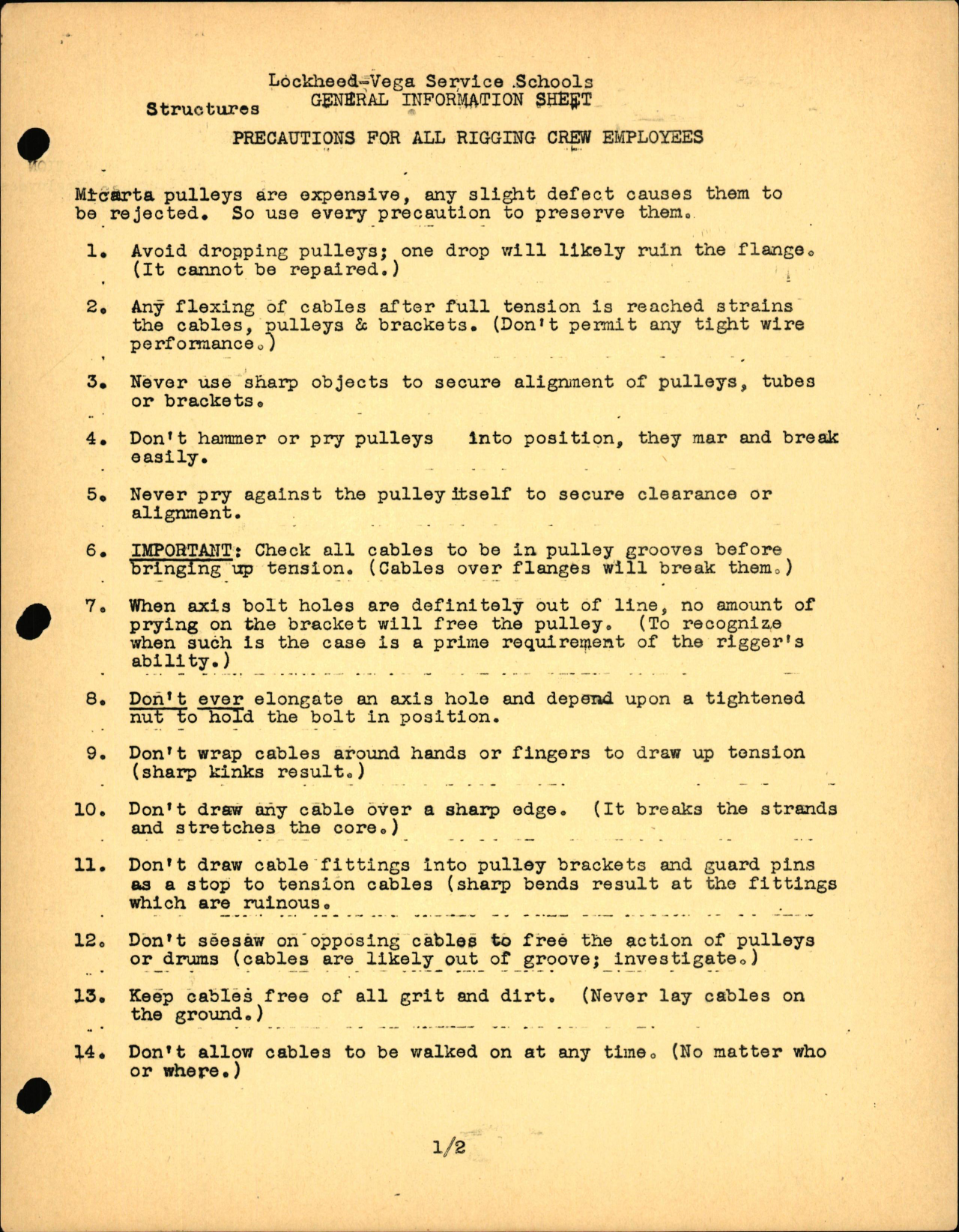 Sample page 1 from AirCorps Library document: P-38 Structures - Precautions for All Rigging Crew Employees