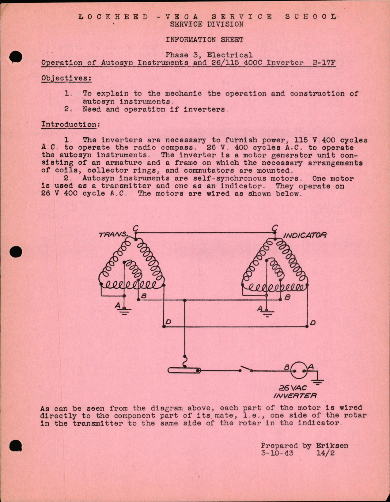 Sample page 1 from AirCorps Library document: Phase 3, Electrical - Operation of Autosyn Instruments & 26-115 400C Inverter for B-17F