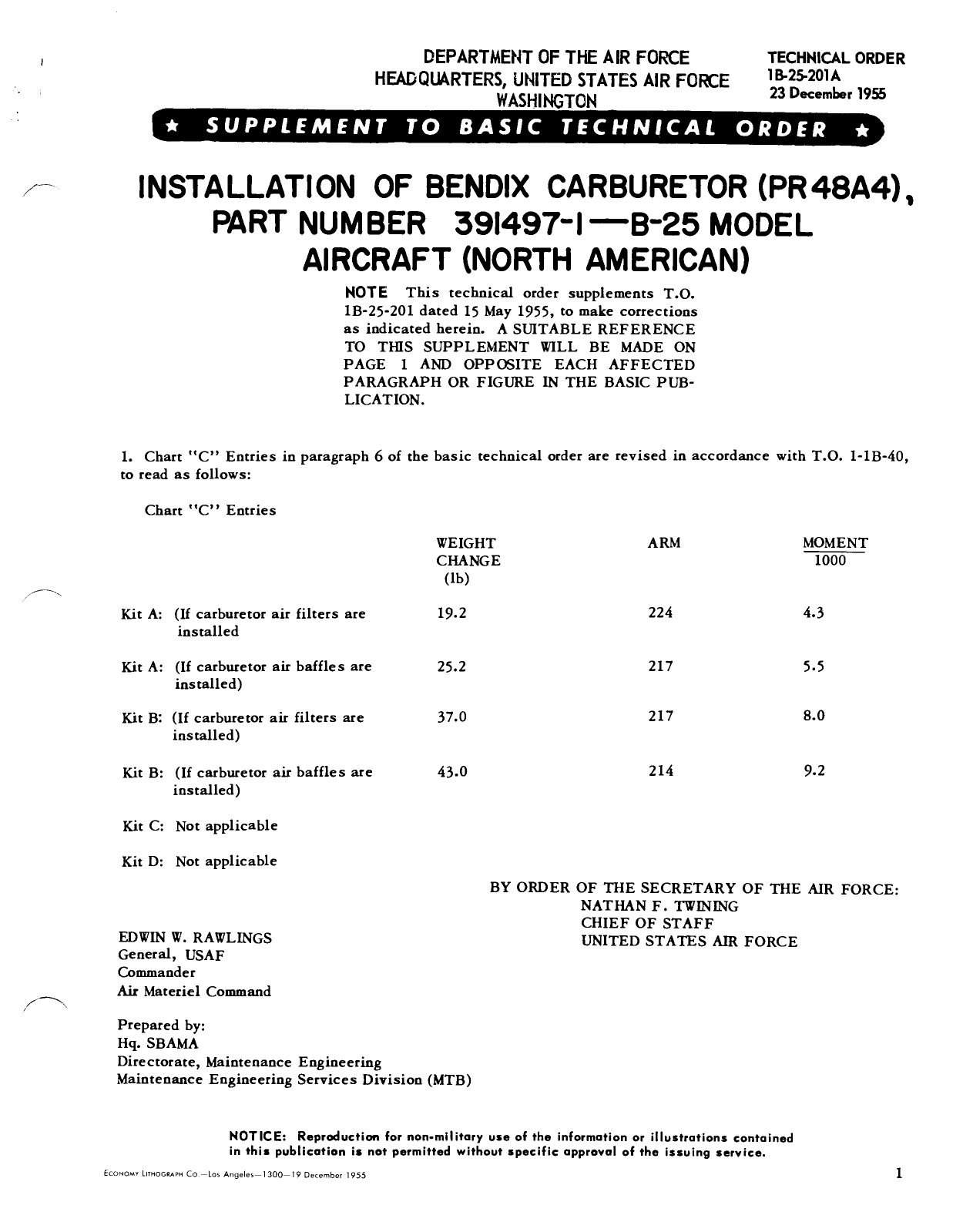 Sample page 1 from AirCorps Library document: Installation of Bendix Carburetor (PR48A4), Part No. 391497-1, B-25 Model Aircraft (North American)