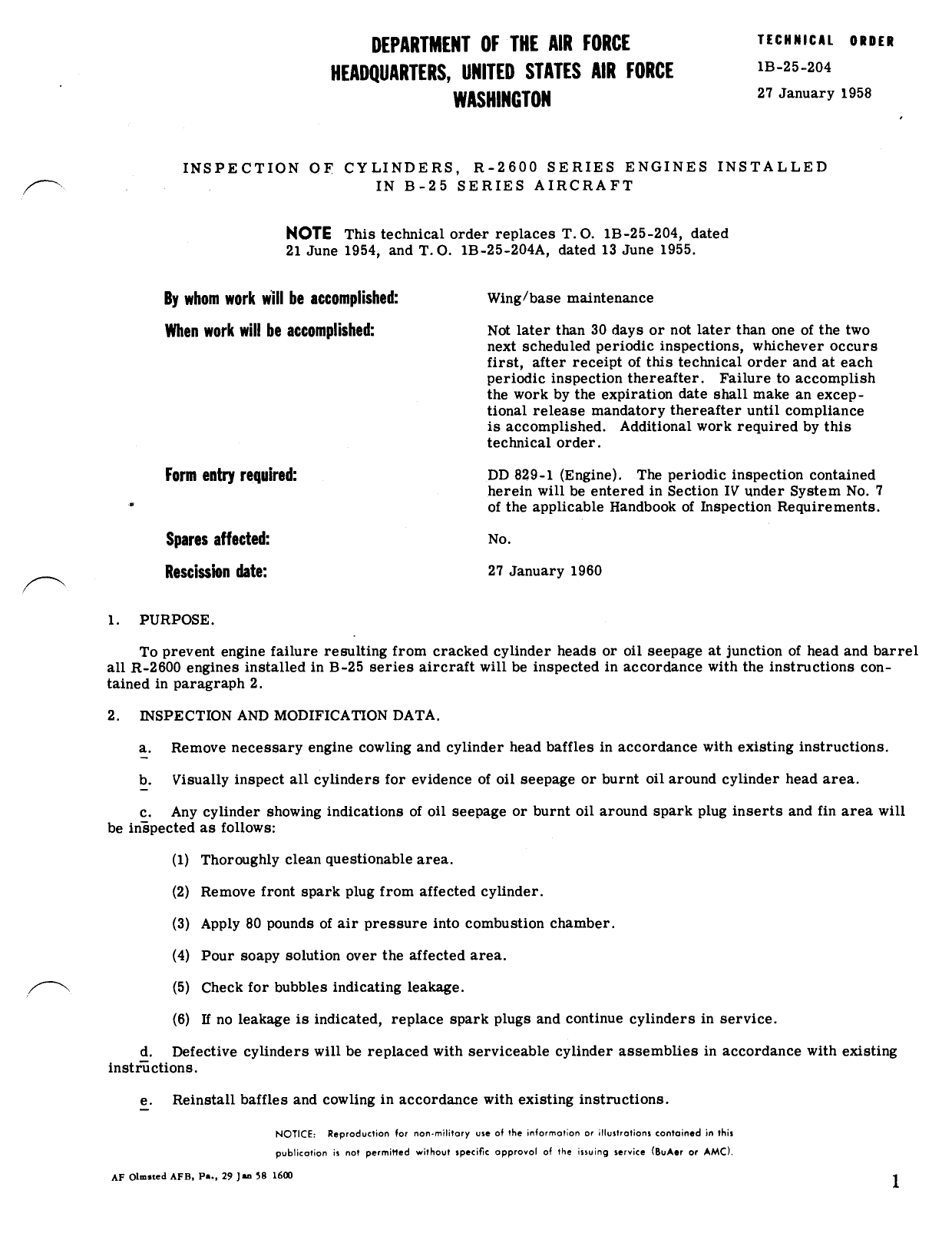 Sample page 1 from AirCorps Library document: Inspection of Cylinders, R-2600 Series Engines in B-25 Series Aircraft