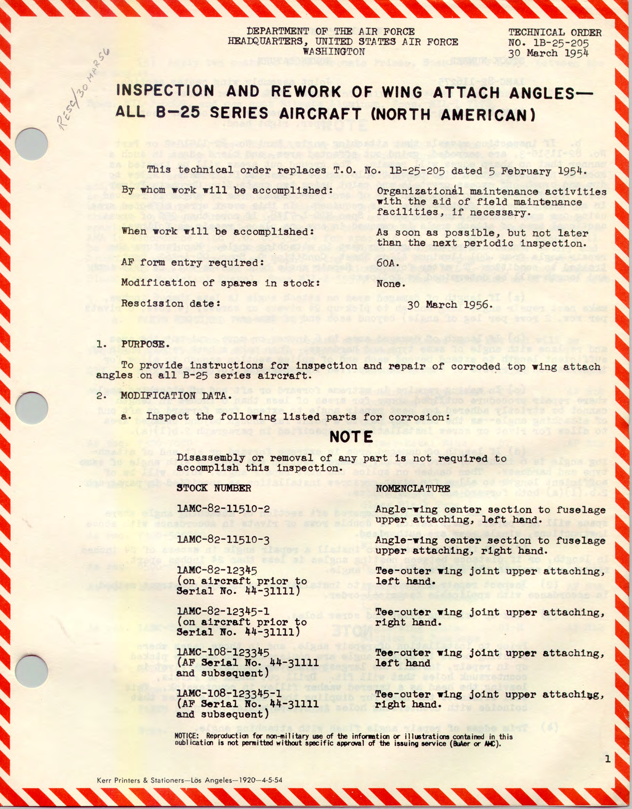 Sample page 1 from AirCorps Library document: Inspection and Rework of Wing Attach Angles - All B-25 Series Aircraft (North American) 