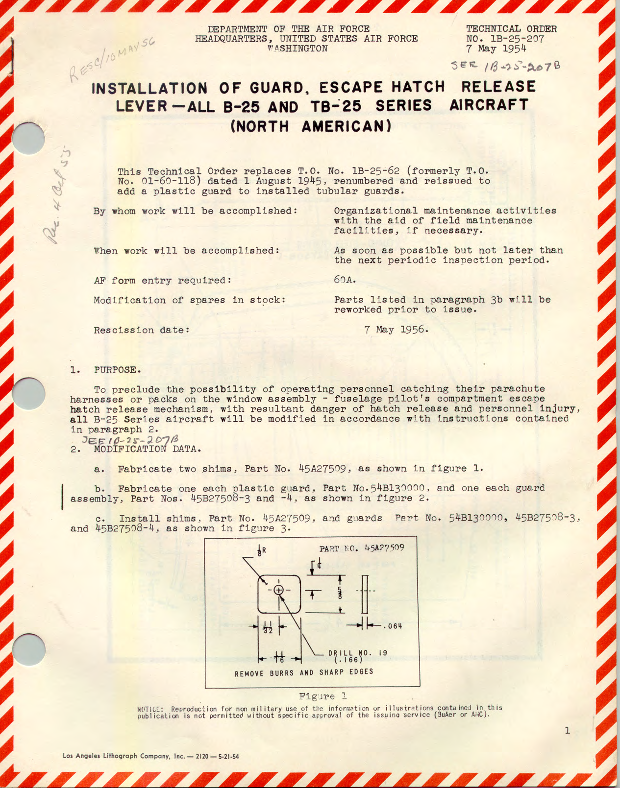 Sample page 1 from AirCorps Library document: Installation of Guard, Escape Hatch Release Lever - All B-25 and TB-25 Series Aircraft (North American)