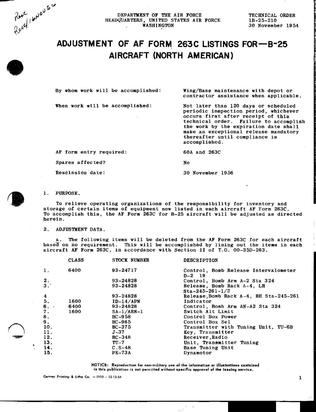 Sample page 1 from AirCorps Library document: Adjustment of AF Form 263C Listings for - B-25 Aircraft (North American)