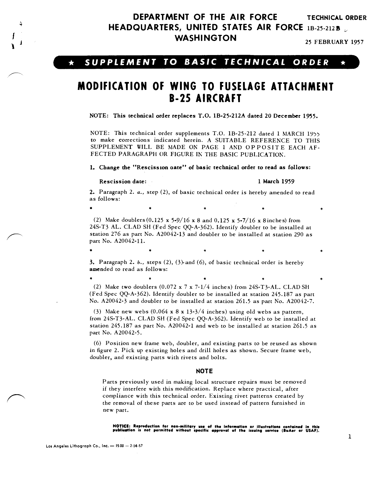 Sample page 1 from AirCorps Library document: Modification of Wing to Fuselage Attachment for B-25 Aircraft
