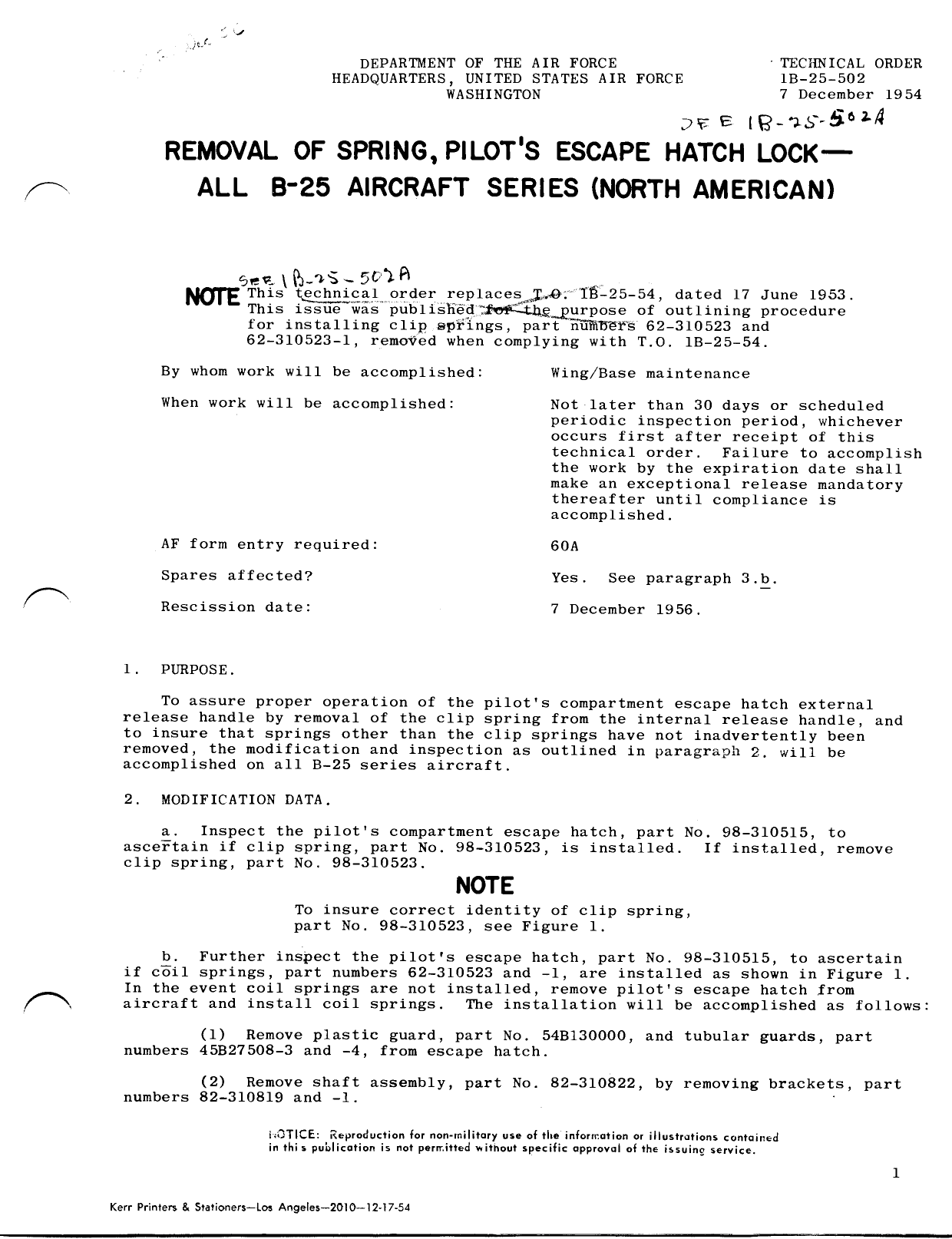 Sample page 1 from AirCorps Library document: Removal of Pilot's Escape Hatch Lock - All B-25 Aircraft Series (North American)