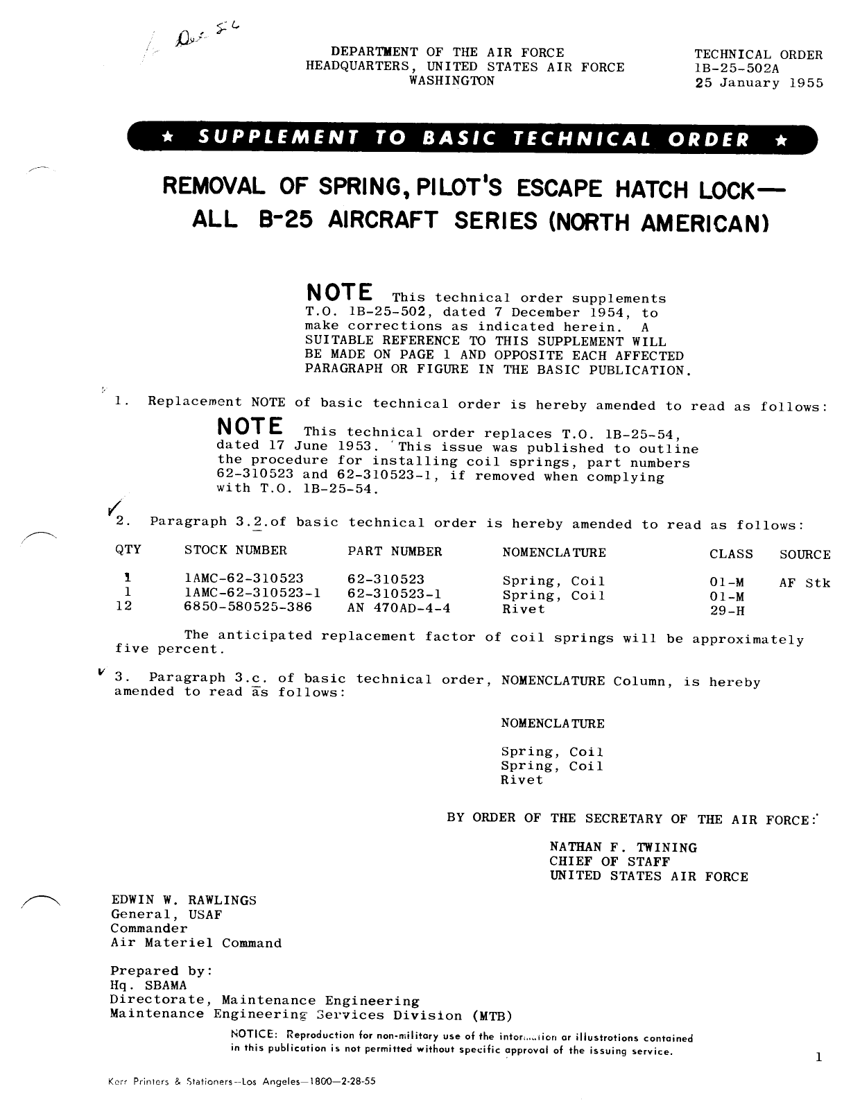 Sample page 1 from AirCorps Library document: Removal of Pilot's Escape Hatch Lock - All B-25 Aircraft Series (North American)