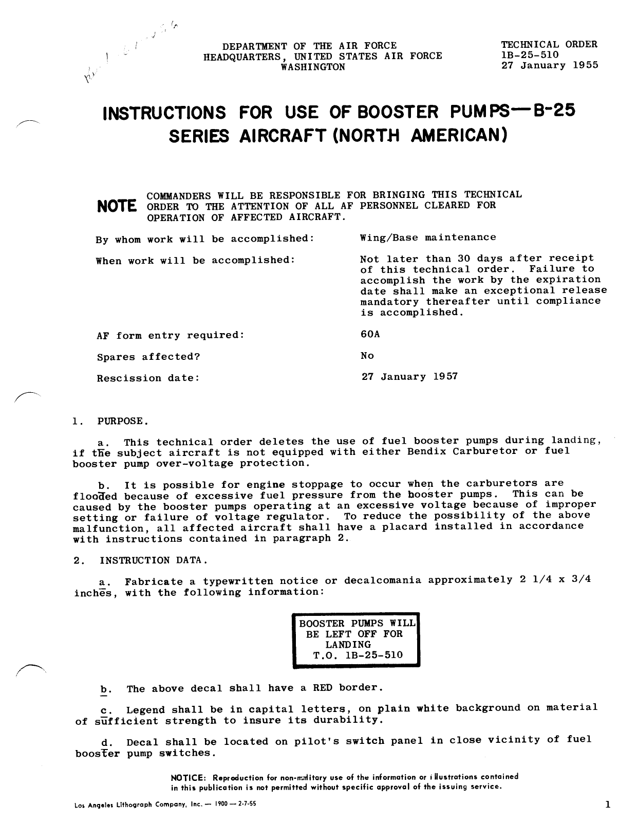 Sample page 1 from AirCorps Library document: Instructions for Use of Booster Pumps - B-25 Series Aircraft (North American)